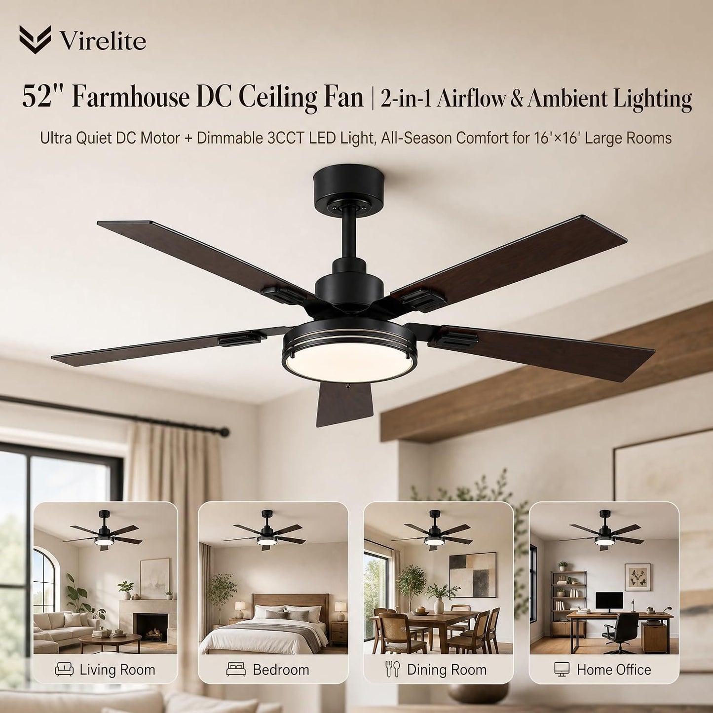 52" Ceiling Fan with Light, Farmhouse DC Motor Ceiling Fan with Remote & APP Control, 6-Speed Reversible, 3CCT Dimmable LED, 5 Walnut Blades for Living Room Bedroom 1