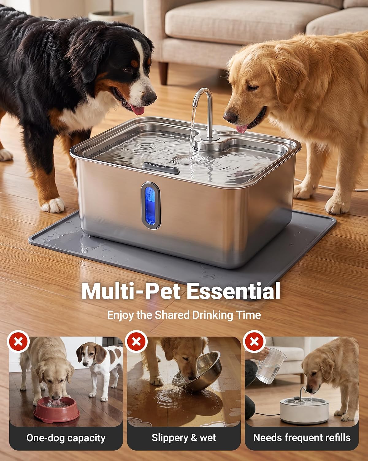 5.55 Gal Mega-Capacity Dog Water Fountain for Giant Dogs, Polished Silver | 21L Large Dog Water Bowl Dispenser, Stainless Steel, Visible Window & Alert Light, Included Silicone Mat & 3 filters 5.55 Gal Dog Fountain, Polished Silver