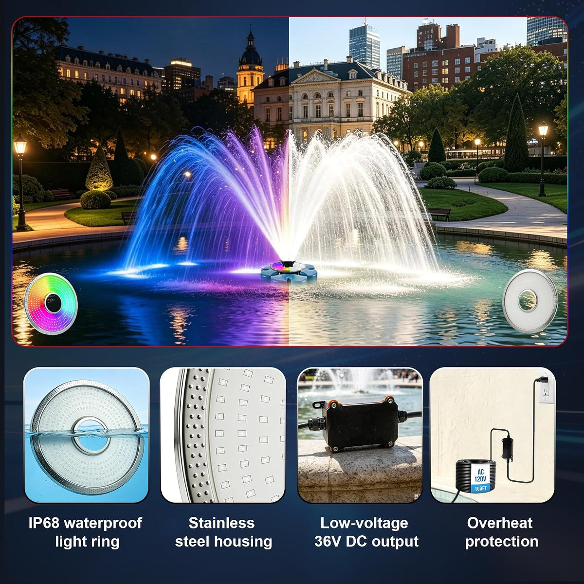 RELIY Pond Fountain Aerator 50W RGBW Fountain Light Upgrade Kit for, 10000LM 360-Degree LED Light Ring, 100FT Cord, IP68 Stainless Steel Pond Light for Lakes, Water Gardens