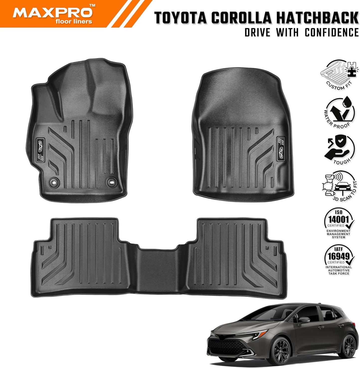 Premium MAXPRO All Weather Mats - Floor Mats for Toyota Corolla Hatchback 2020-2025 (1st &2nd Row Set) Custom Fit TPE Waterproof Floor Liners, Heavy Duty Car Floor Mats All Weather, Anti-Slip Car Mats