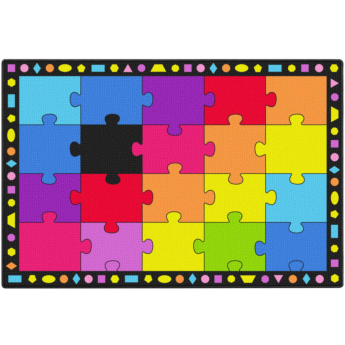 Booooom Jackson Colorful Puzzle Pattern Classroom Rug - 5' x 7'6" Large Carpet with 20 Spots for Preschool, Elementary, Daycare - Non-Slip Backing, Seating Squares for Circle Time & Reading
