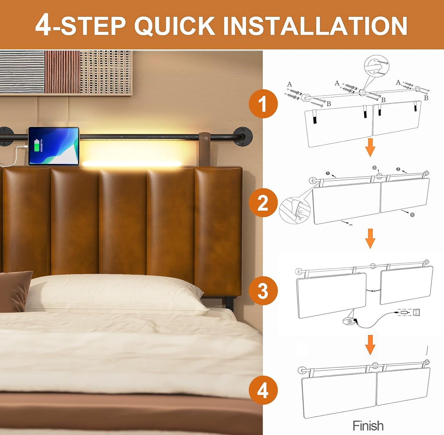 BSHOMGI Headboards, Wall Mounted King Size Headboard with USB & Type-C Ports Bed Headboard with LED Lights, Fabric