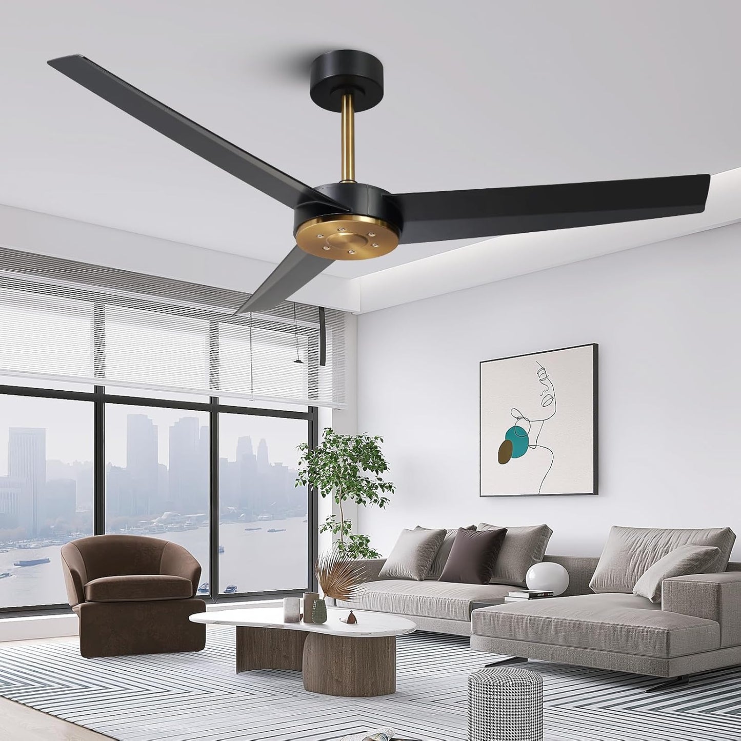 LEEAGLEGRY 52 Inch Ceiling Fan No Light, Black Ceiling Fan Without Light, Modern Gold Brass Copper Fans with Remote DC Motor Reversible for Bedroom