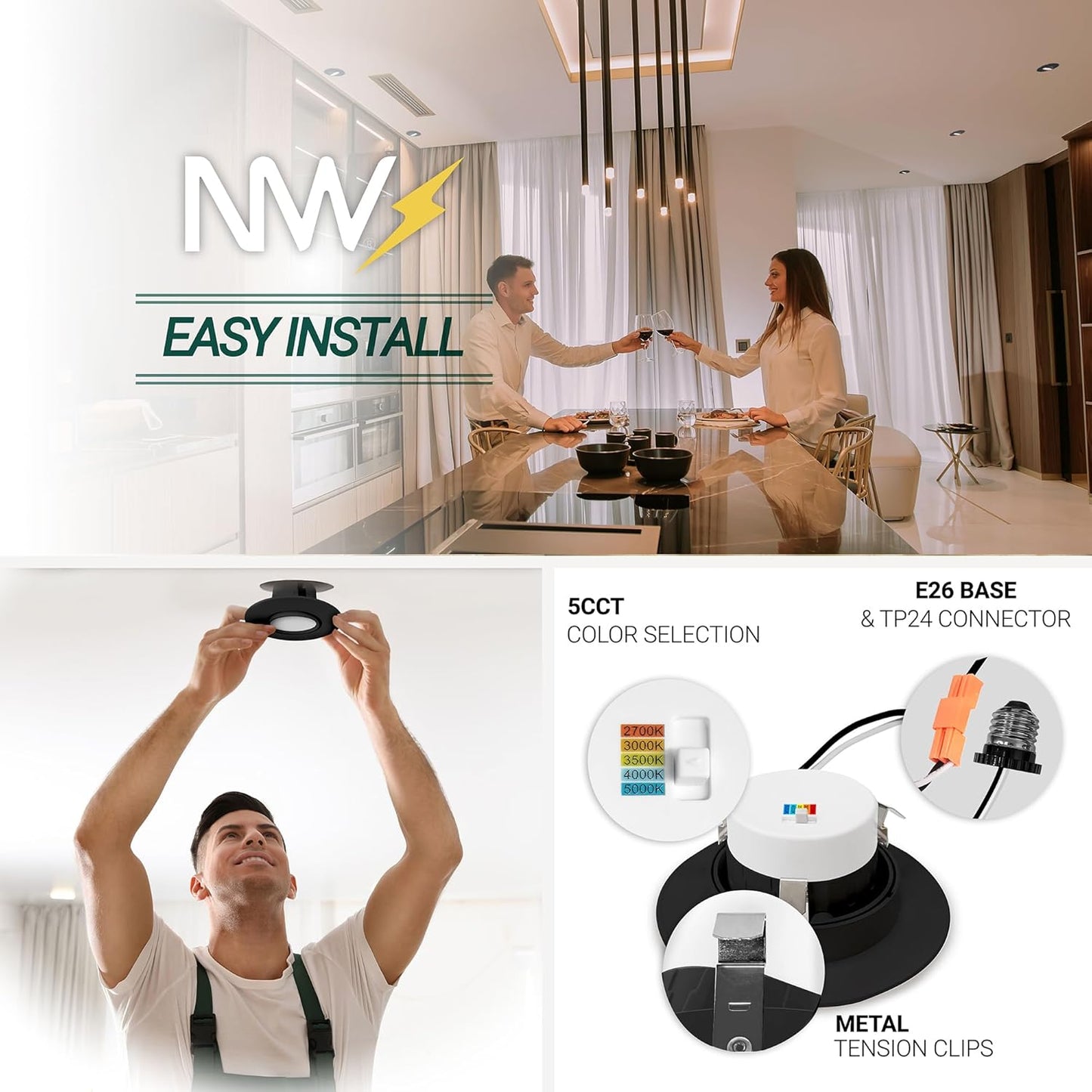 24 Pack Retrofit 4 Inch Gimbal LED Recessed Light White Trim, High Lumen, 750lm, 10W, 5CCT 2700K/3000K/3500K/4000K/5000K Selectable, Dimmable, Adjustable Lens Eyeball Downlight, ETL Listed
