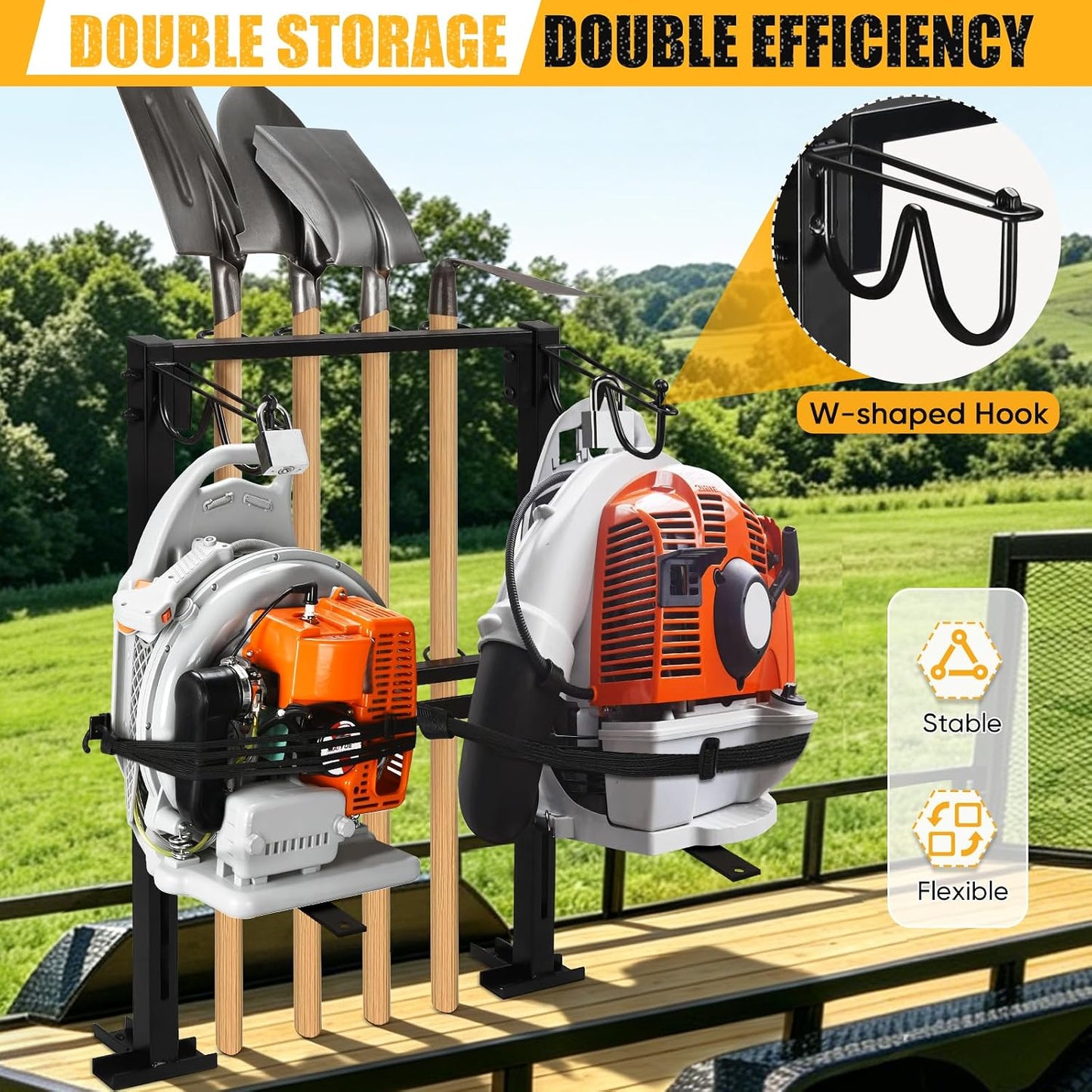 2 Place Backpack Blower Rack for Trailer - Trailer Tool Rack with 4 Holes | Heavy Duty, Truck Tool Organizer Holder for Yard Tools Rakes Shovels, Height Adjustable Holding Base Fit 16"-25” Blower