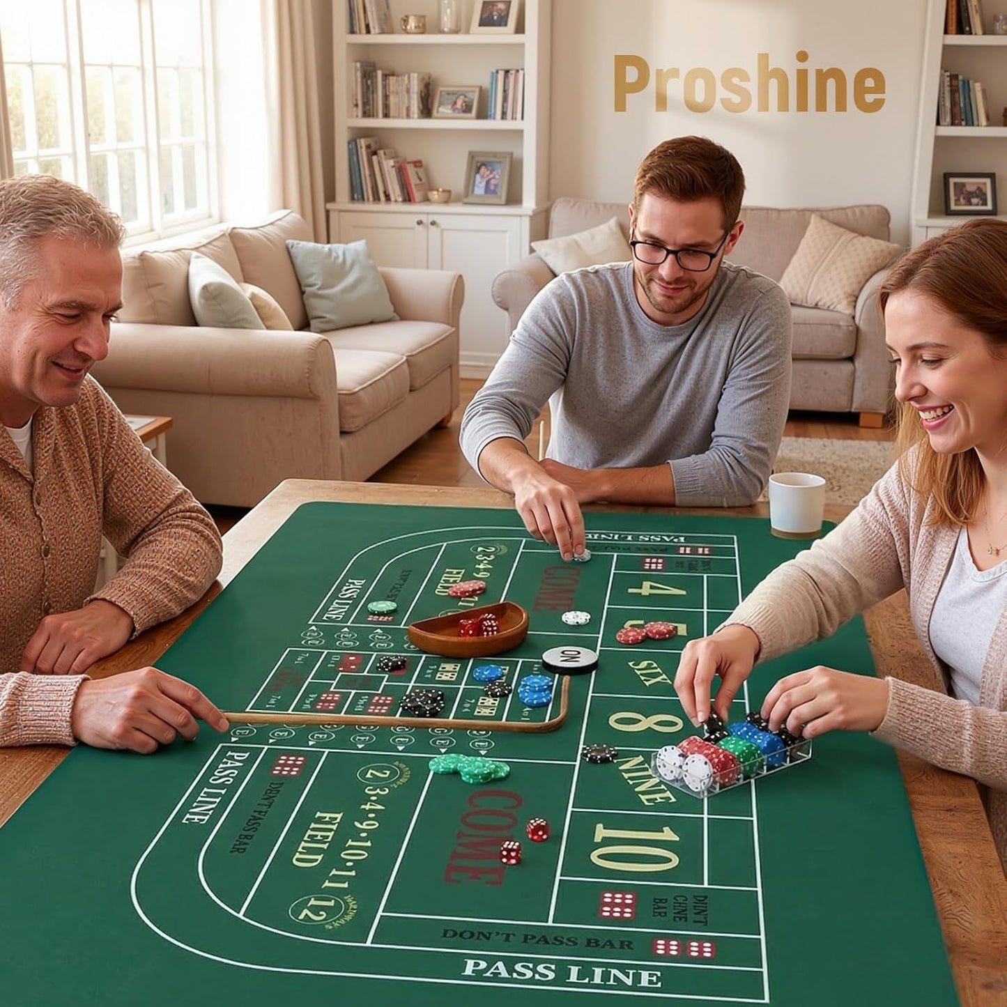Craps Tabletop Game Set with 35 * 70" Rubber Craps Tabletop Layout Mat, 36" Rattan Stick, Casino Grade 19mm Dice, On/Off Button and 100 pcs Chips Craps Game Layout for Party Green