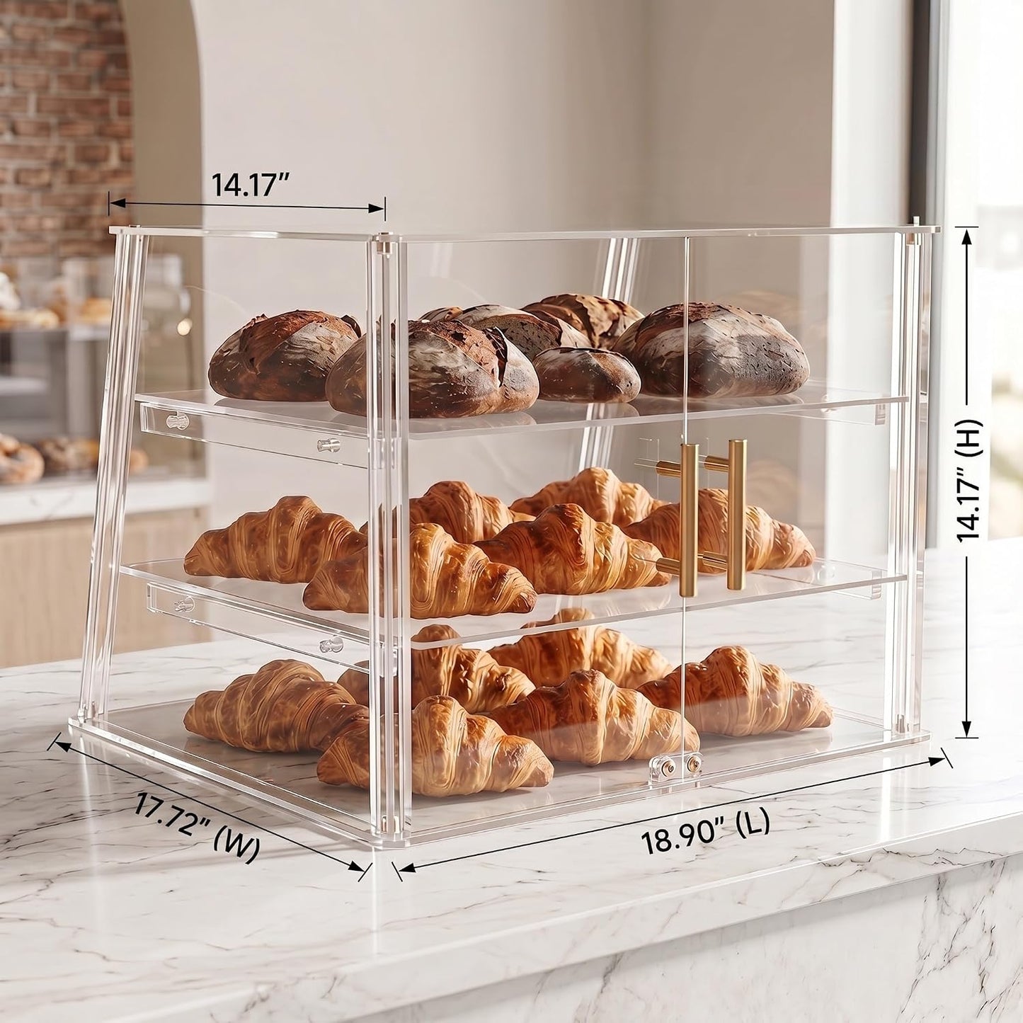 3-Tier Commercial Bakery Display Case with Removable Trays, 18.9" L x 17.8" W x 14.17" H Countertop Pastry Showcase, Clear Acrylic PETG Dessert Cabinet with Magnetic Doors for Donuts Cakes Cookies