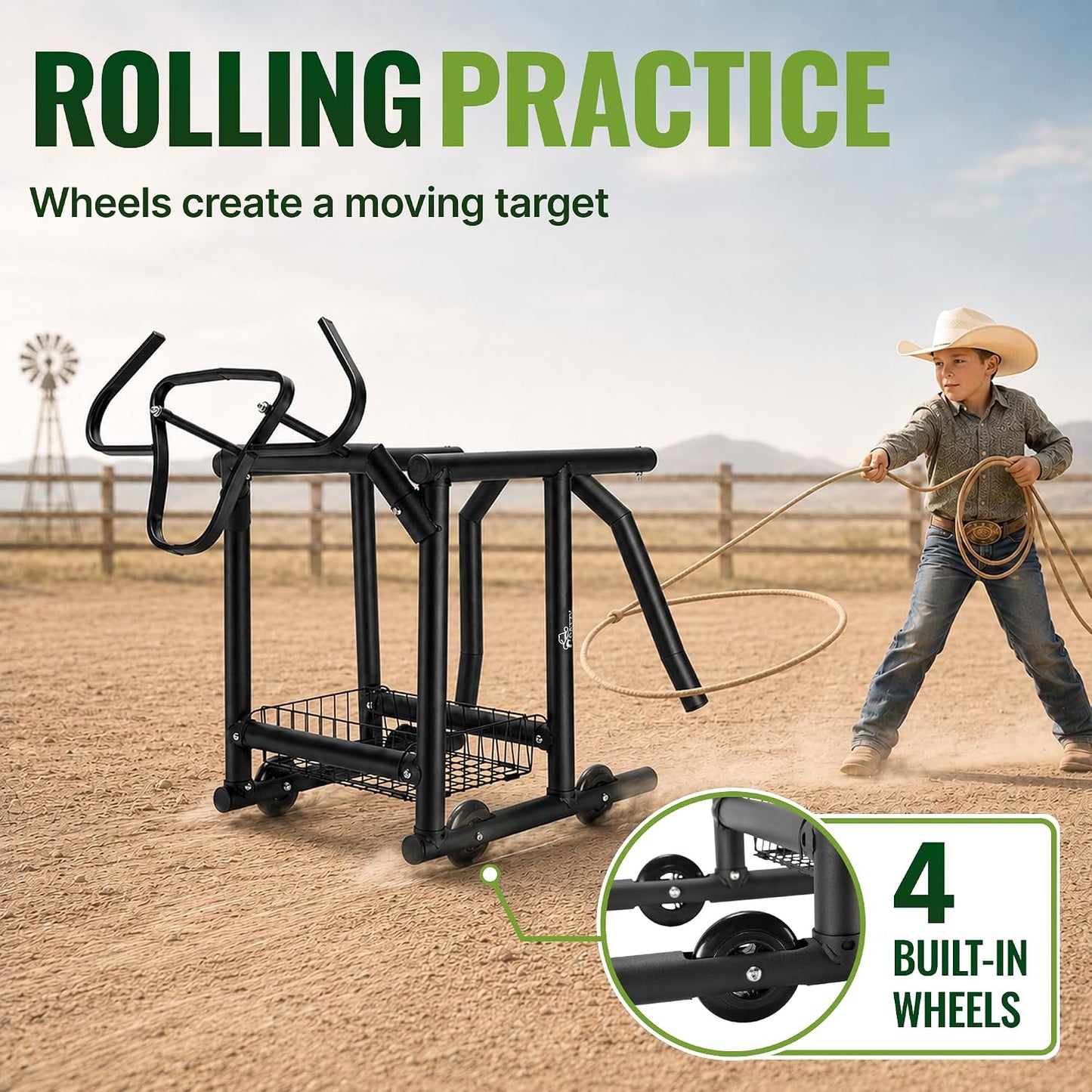 Rolling Roping Dummy for Kids and Adults, Heading and Heeling Dummy with Galvanized Steel Steer Head, Mobile Calf Practice On Wheels for Steer Roping Beginners | Helps beginners and young riders practice roping skills safely and easily