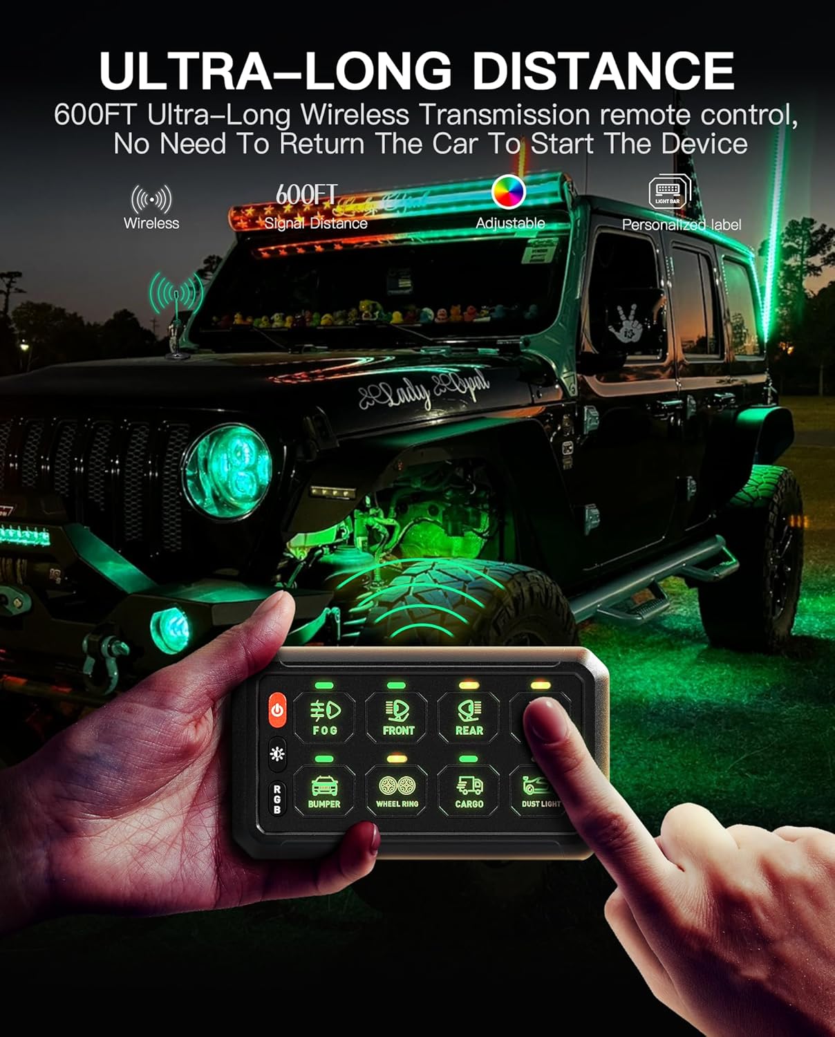 Wireless RGB 8 Gang Switch Panel, Marine Switch Panel Box, Remote Control Range Up to 600FT Multifunction Offroad Light