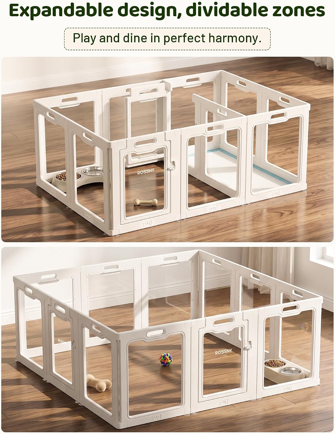 Rossny Dog Puppy Playpen for Indoors, 60-Inch Length Acrylic Pet Playpen White Large-12 Pannels 12