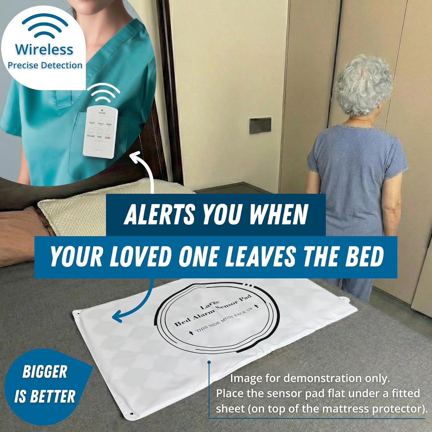 Large Bed Alarm for Elderly Adults – Wireless Bed Alarm Pad (20” x 30”) & Pager – Safety Bed Alarms and Fall Prevention – Dementia & Alzheimers Support, Designed for Nighttime Care