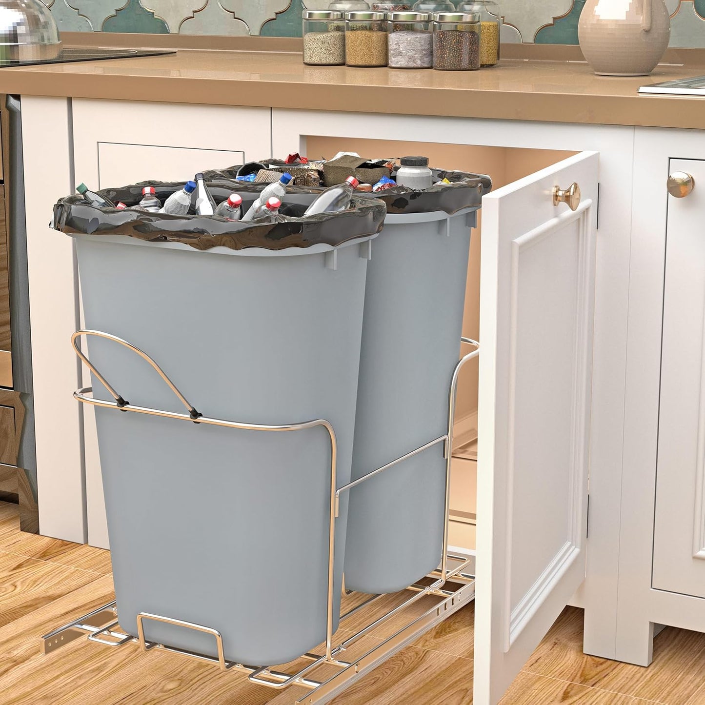 JOWBOOW Double Trash Can Cabinet Pull Out, 2 x 37Qt (18.5 Gallon) Soft Close Pull Out Trash Can Under Cabinet Garbage Can Slide Out with Flexible