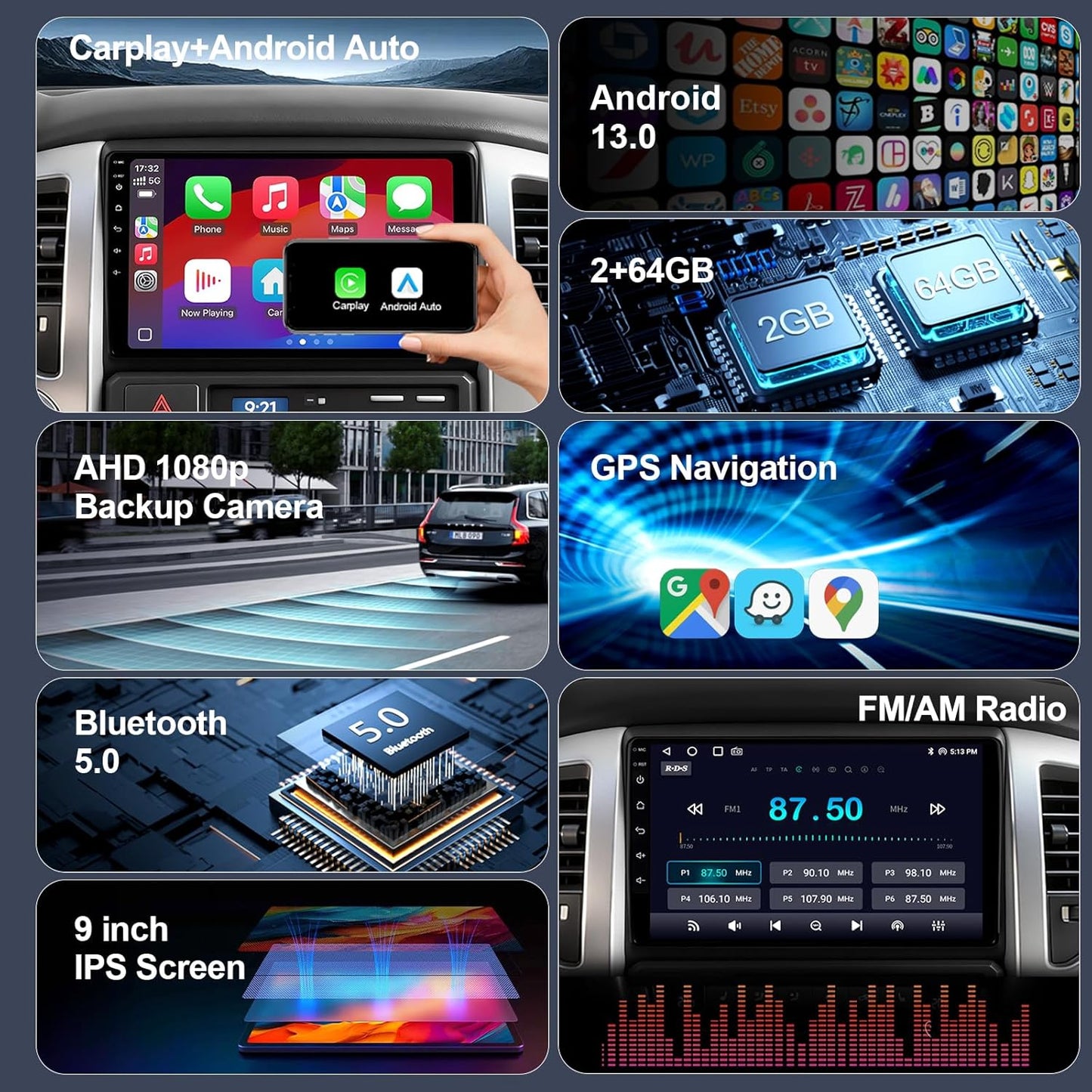 64GB Car Radio Stereo Upgrade for Toyota Tacoma 2005-2015, Plug and Play 9'' Android 13 Head Unit with Wireless Carplay/Android Auto/1080P Backup Camera/AM FM Radio