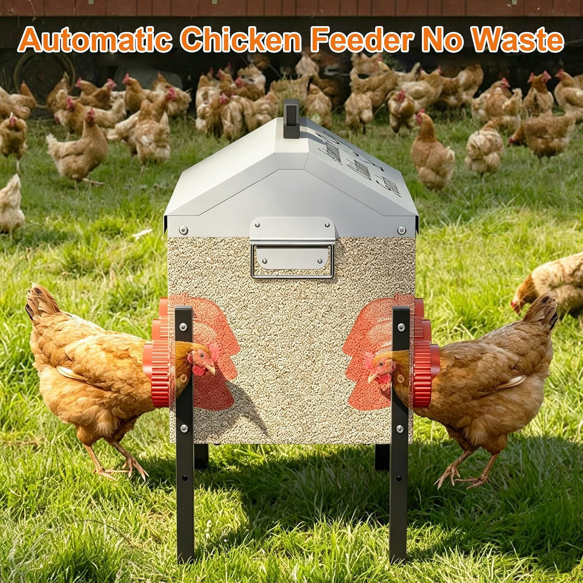 50LB Automatic Chicken Feeder with 8 Feeding Ports, No-Waste Poultry Feeder with Window, Adjustable Height, Locking Lid & Weatherproof Design for Outdoor Coop
