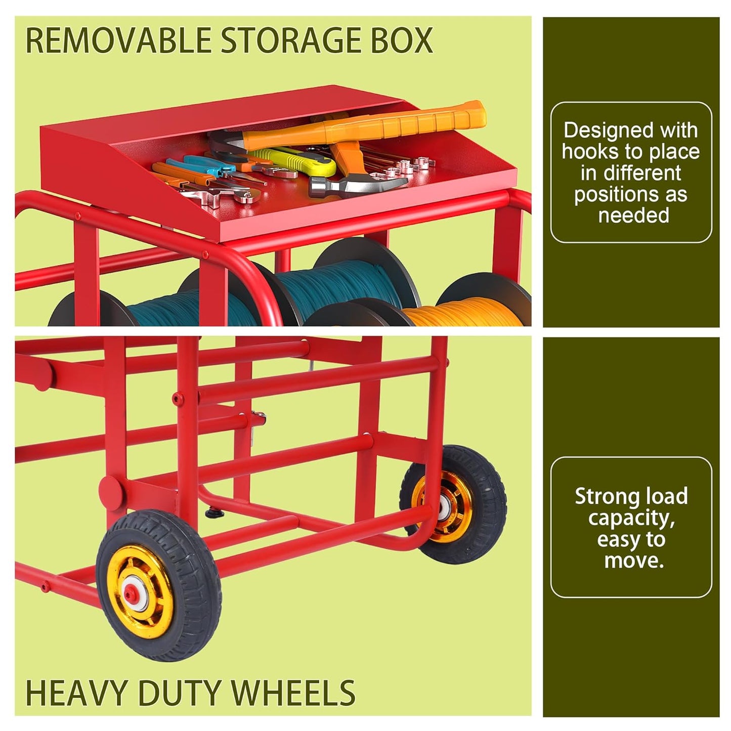 Wire Spool Rack, Cable Dispenser Cart with Wheels, Multi-Electrical Wire Rack, 11 Rods Wire Rack Dispenser, Automotive Wiring Storage with Storage