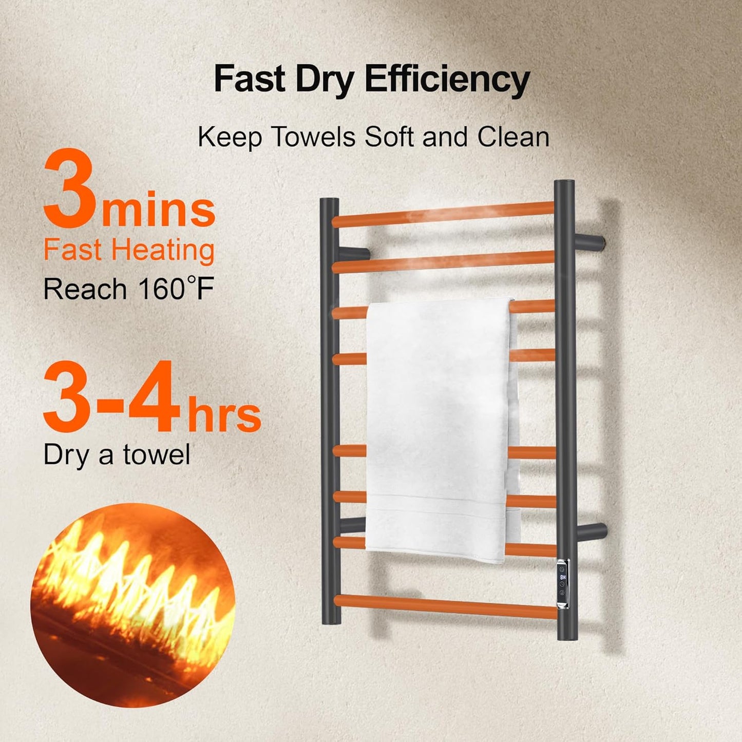 Towel Warmer Bathroom Wall Mounted Drying Rack Plug-in Electric Heated Towel Rack Stainless Steel Black with Timer & Temperature Control 8 Bar 8 Bar Black With Timer 8 Bar Etw44-2