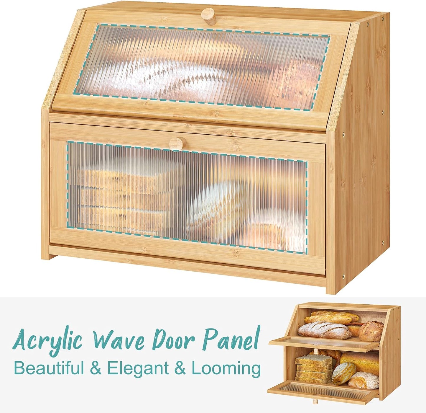 Bread Box for Kitchen Counter, Large Bamboo Wood Double Layer Bread Box, Wooden Bread Storage Capacity Natural Large
