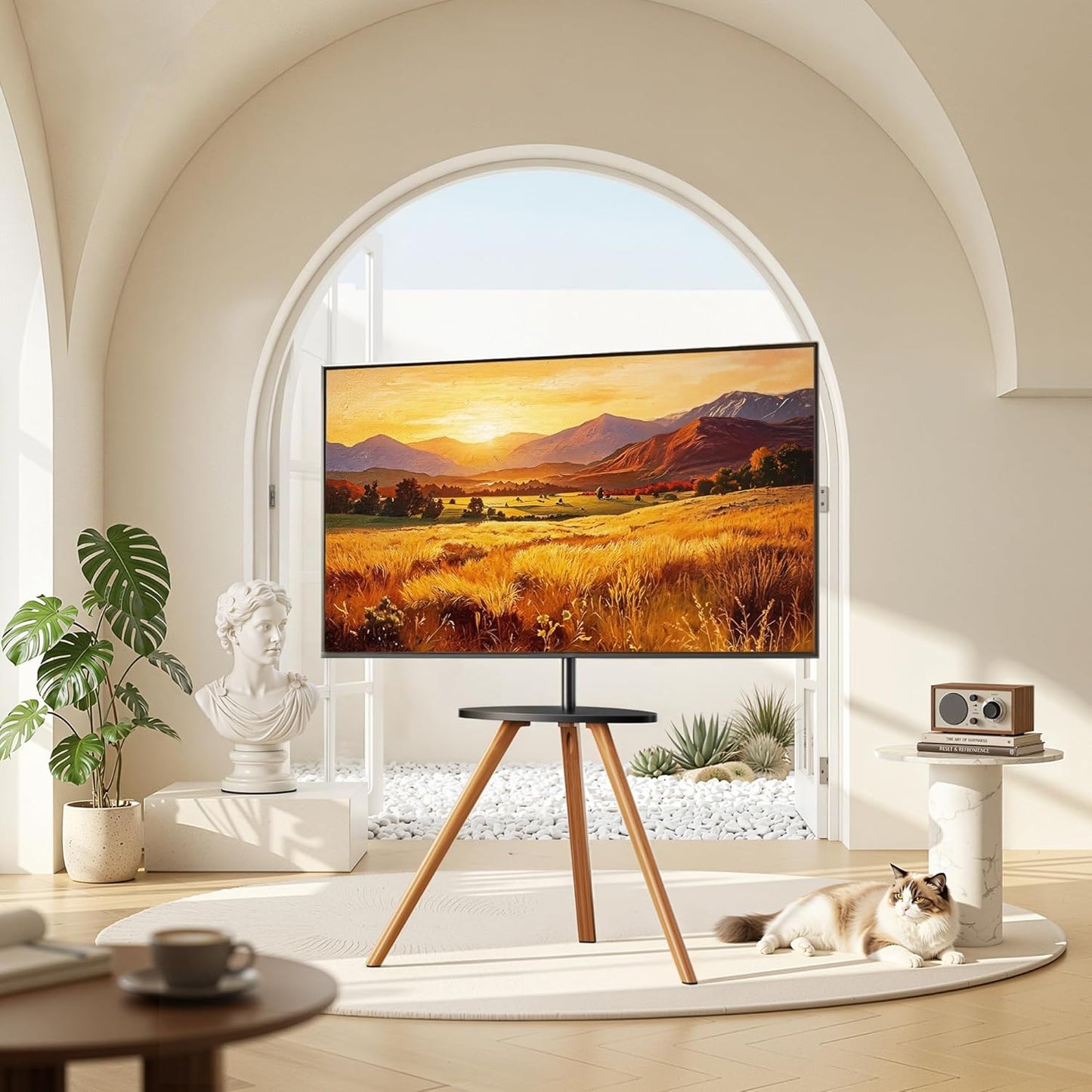 Wood Easel Tv Stand with Artistic Droplet-Shaped Shelf for 45 to 65 Inch Tvs, Swivel Height Adjustable Portable Tripod Tv Stand-Vesa Required Max 600 * 400 mm, up to 88 lbs, Black Walnut