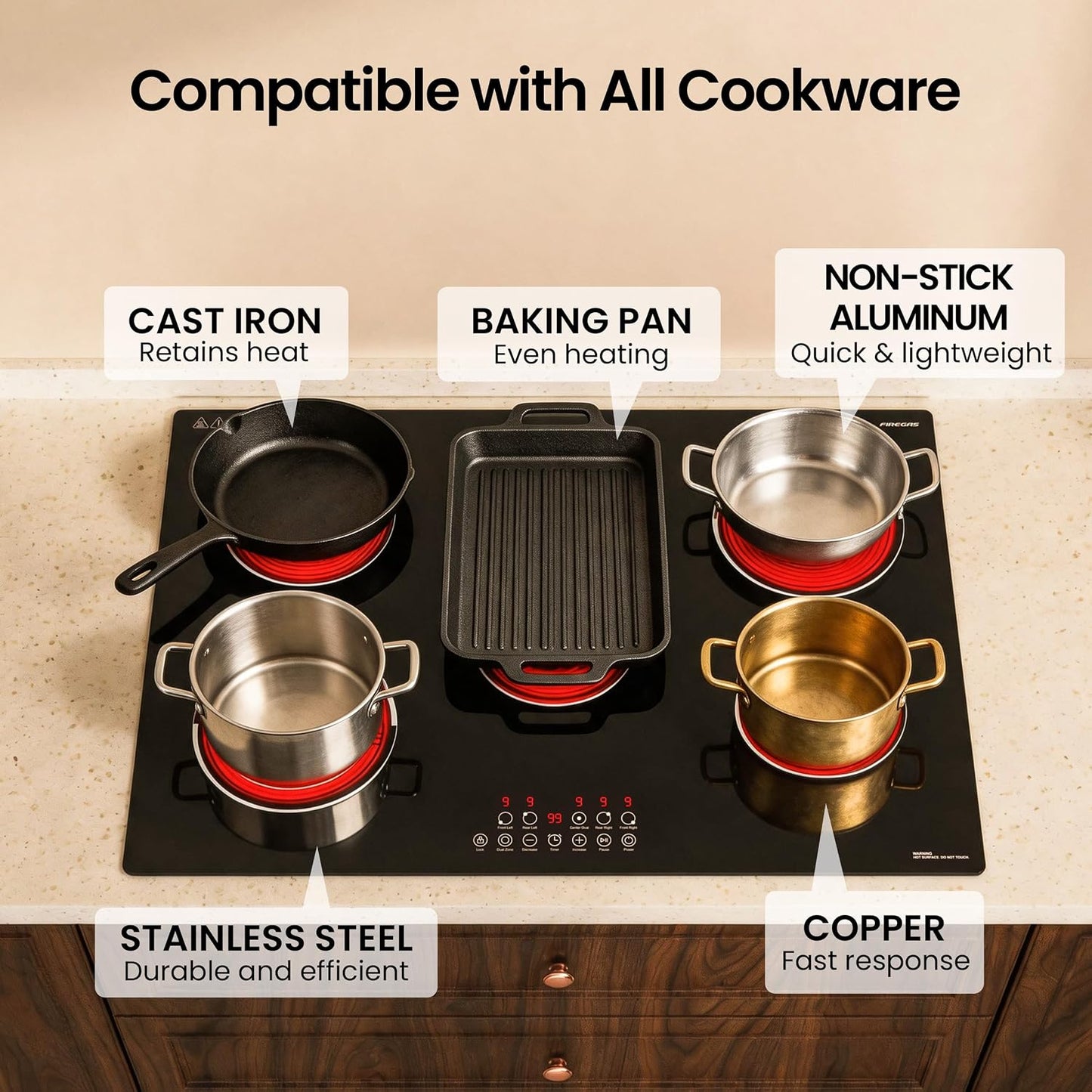 FIREGAS 30 Inch Electric Cooktop 5 Burners, Built-in Ceramic Stove Top with Matte Glass & Touch Control, 30" Radiant Electric Cooktop with Dual Ring & Oval Zone, Timer, Child Lock, 220-240V Hardwired