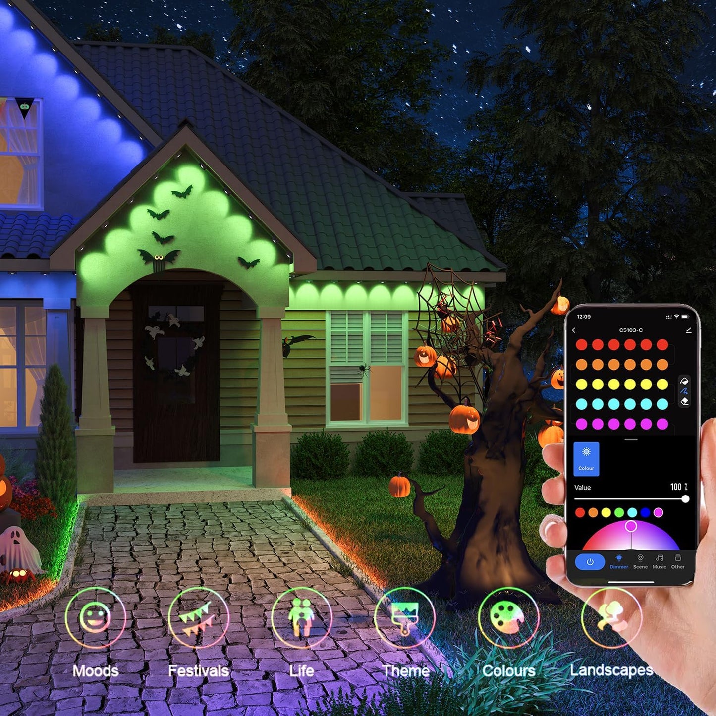 50FT Permanent Outdoor Lights, Smart RGB Color-Changing LED Eaves Lights, Waterproof Exterior Lights for House Trim, App Control, Perfect for Game