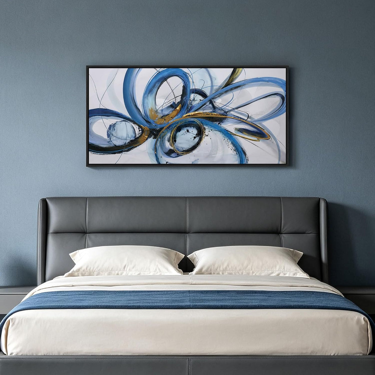 KLAKLA Blue Abstract Wall Art Black Framed Canvas Print 48x24 Inches Blue and White + Black Framed 48"L x 24"W