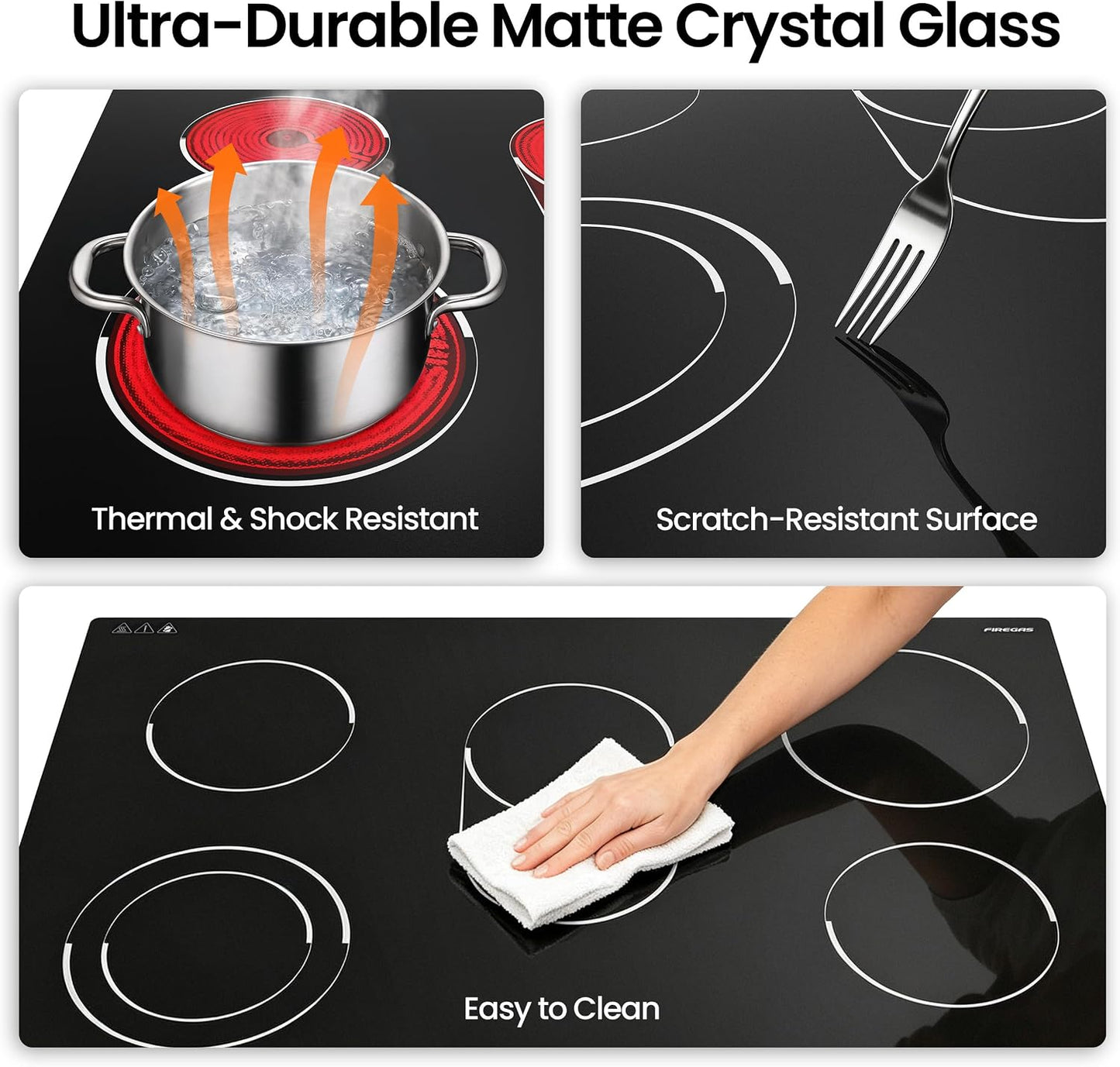 FIREGAS 30 Inch Electric Cooktop 5 Burners, Built-in Ceramic Stove Top with Matte Glass & Touch Control, 30" Radiant Electric Cooktop with Dual Ring & Oval Zone, Timer, Child Lock, 220-240V Hardwired