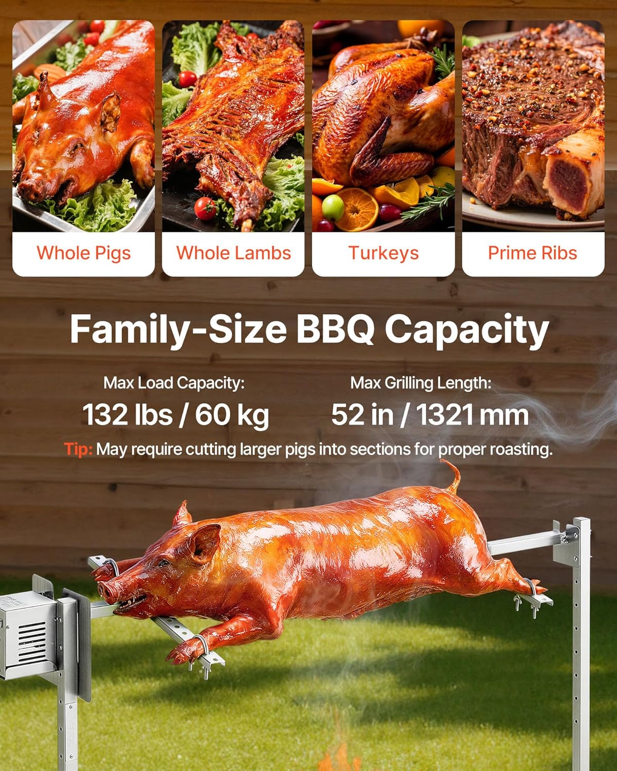 VEVOR Rotisserie Grill, N52" Electric Rotisserie Grill Kit | Stainless Steel BBQ Outdoor Pig Lamb Roaster, Automatic Rotation Grilling Kits Height Adjustable, Camping Backyard Party