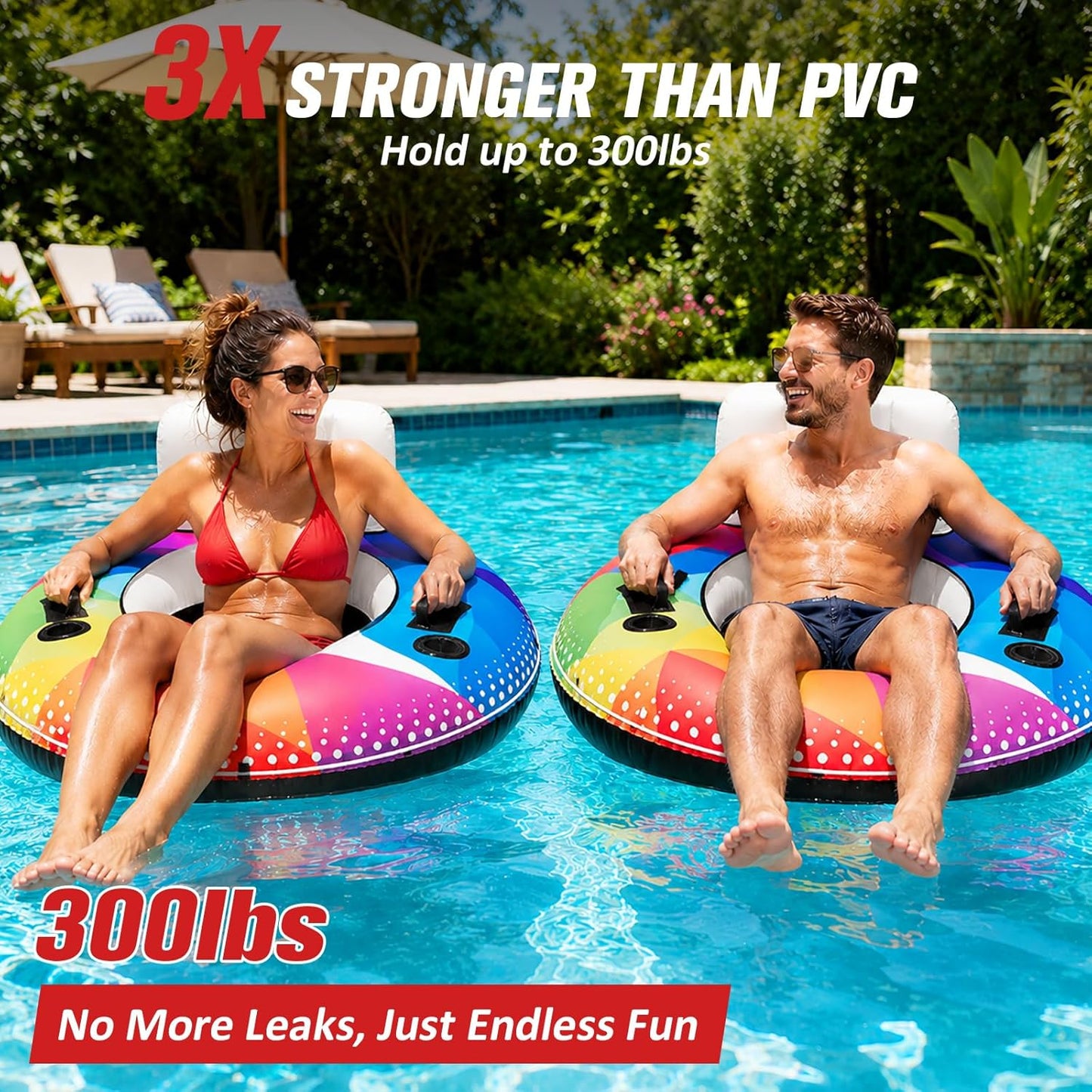 River Tube, 53'' River Float Tube with Premium Canvas Cover, Comfortable Backrest, 2 Built-in Cup Holders, Tow Strap & Handles, Inflatable PVC Water Inner Tubes for Adults Lake Pool Floating