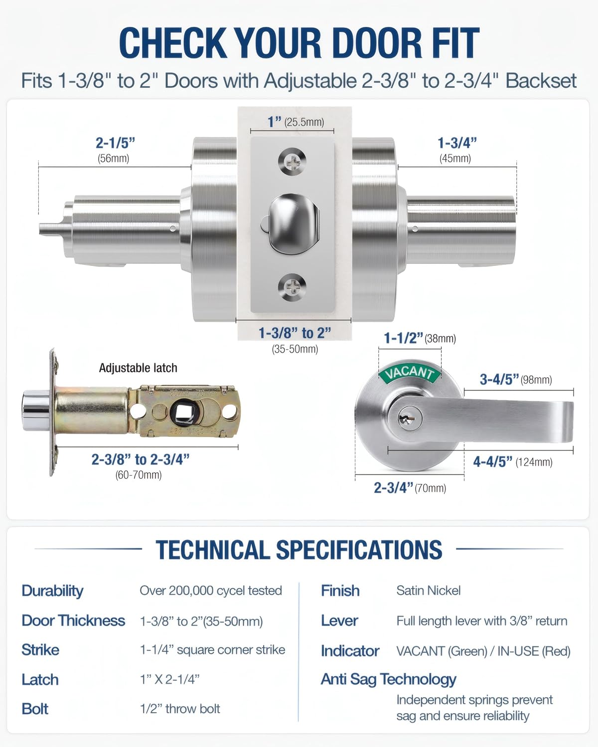 2 Kits Keyed Occupied Door Handle, Commercial Bathroom Door Handle, Vacant Occupied Bathroom Lock for Office, Hospital, Bars, Gyms Restroom (Medium 70mm with 3keys)