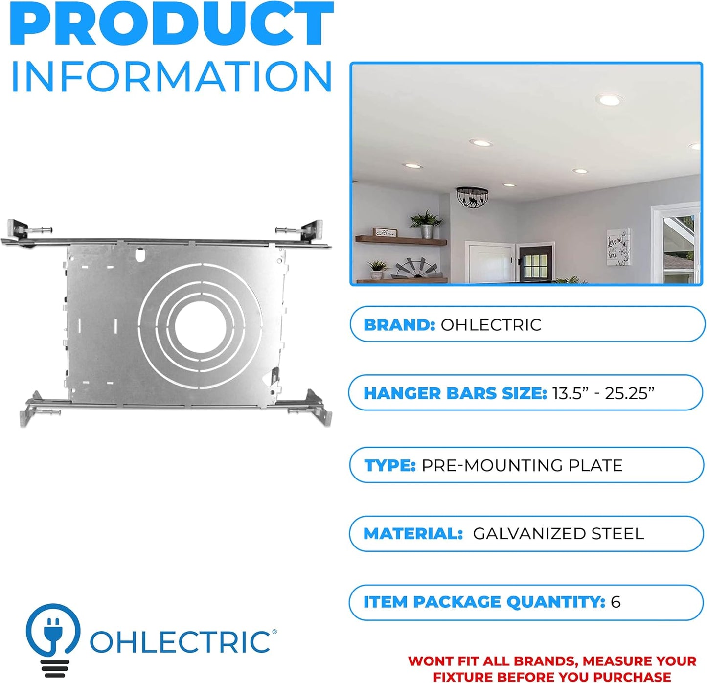 OHLECTRIC New Construction Mounting Plate| 2- 3- 3.5- 4 Inch LED Recessed Lighting Kits| Extendable Hanger Bars, ETL Listed |Perfect for Ceilings