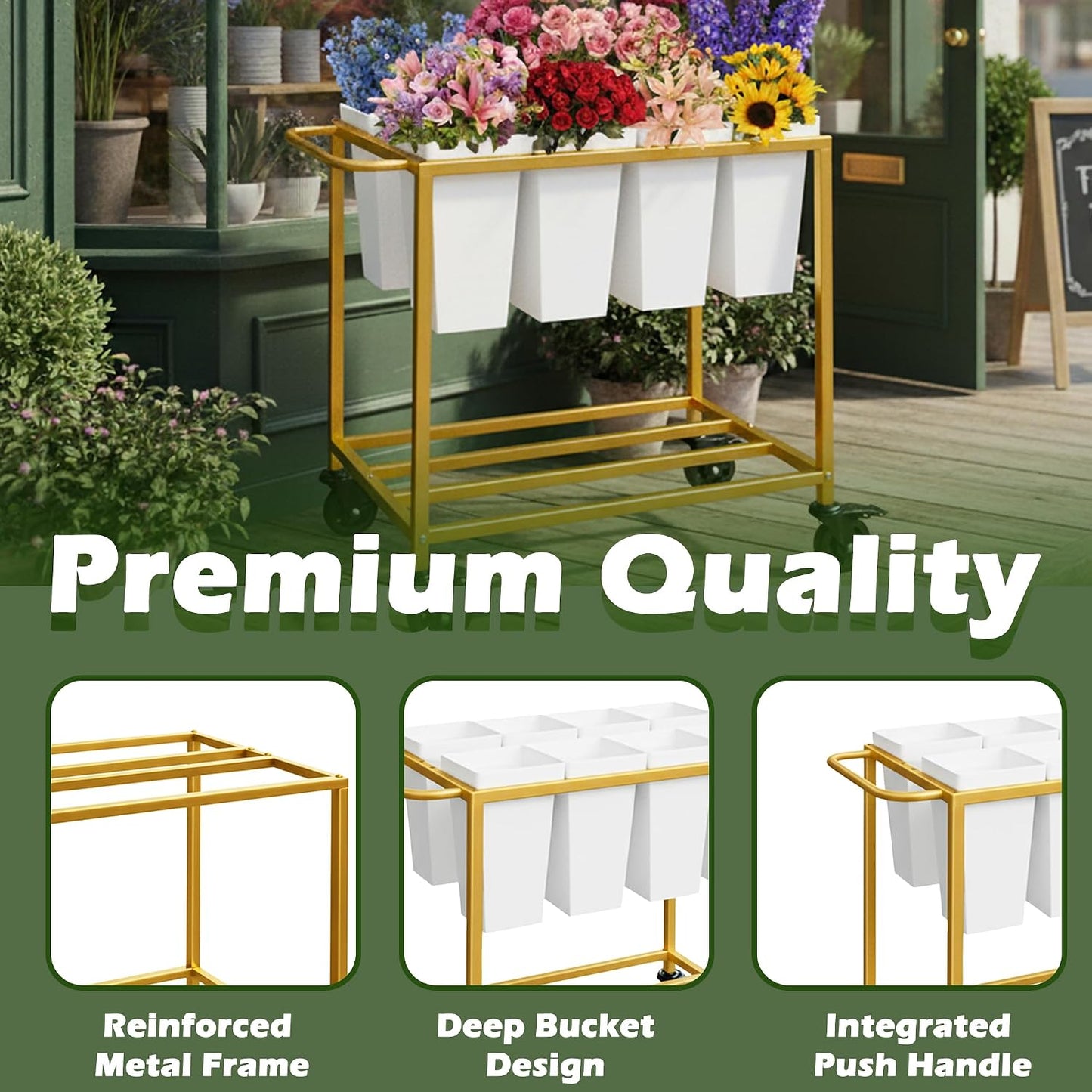 Flower Display Stand, Flower Cart with 8 Buckets,Flower Cart Display Stand with Wheels,Bloom Bar,Flowers Stand for Wedding ,Party and Home Decor, Gold