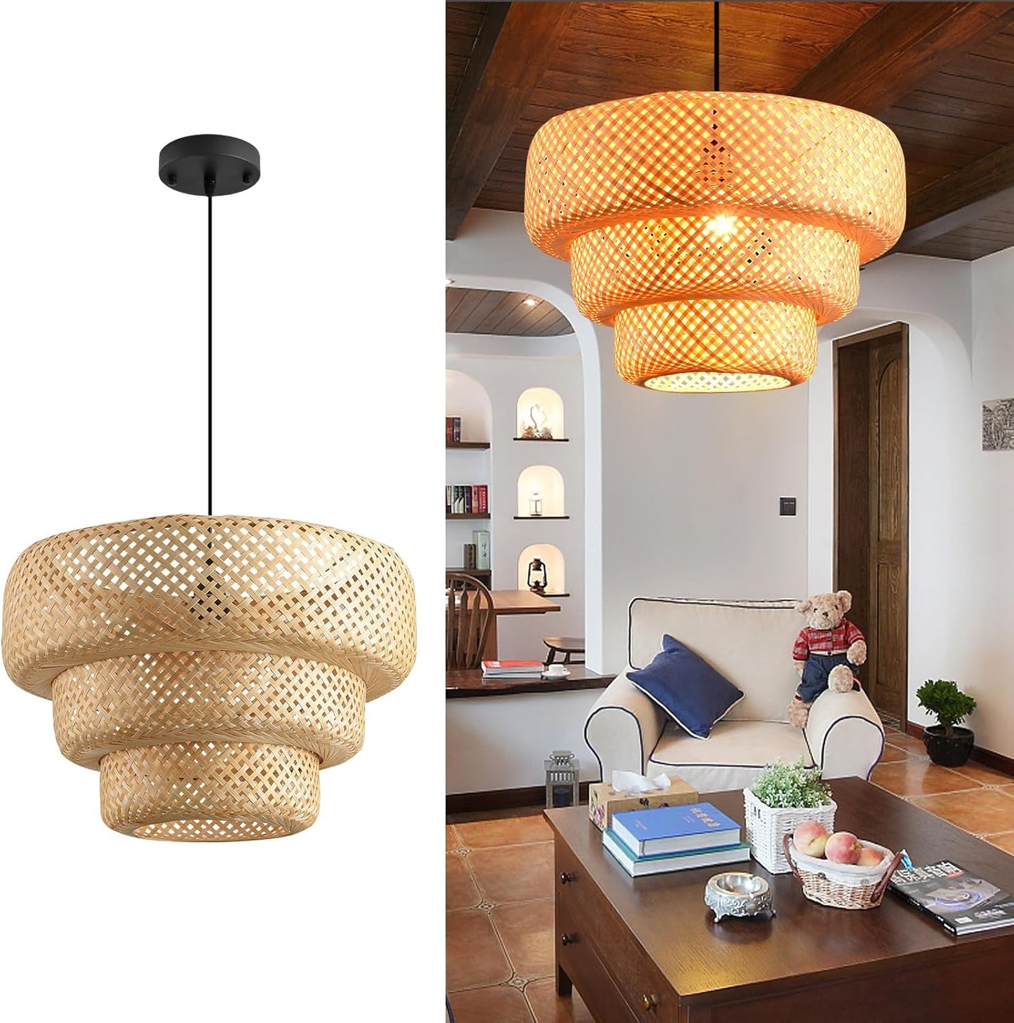 LHJIHFU Pendant Lights Kitchen Island with 3-Layer Bamboo Lamshape, Modern Bohemian Ceiling Hand Woven Bamboo Pendant Light Fixture for Living Room