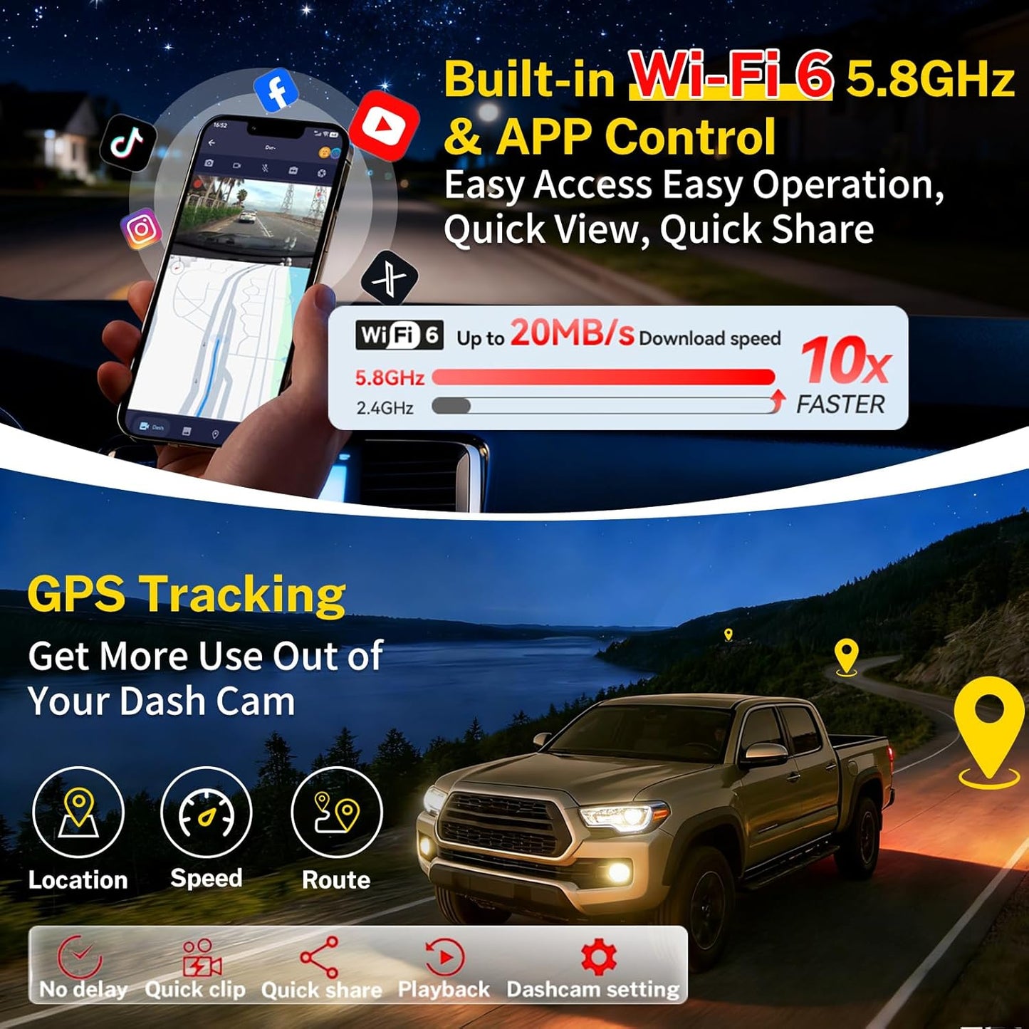 Front 4K Dash Cam fit for Toyota Tacoma 2024 2025 2026 TRD SR SR5 Sport Pre-Runner Off Road Limited & Tacoma Hybrid,2160P Video HDR,OEM Look Camera,5.8GWiFi APP,GPS,Plug&Play,G-Sensor