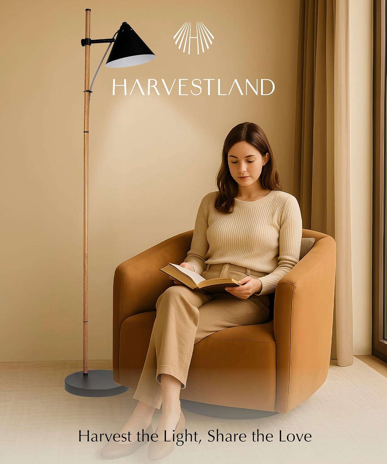 HarvestLand Noah Floor Lamp, Adjustable Reading Lamp for Living Room | 345° adjustable floor lamp,13” height adjustment, solid base, focused reading light. Black Wood Effect+Black