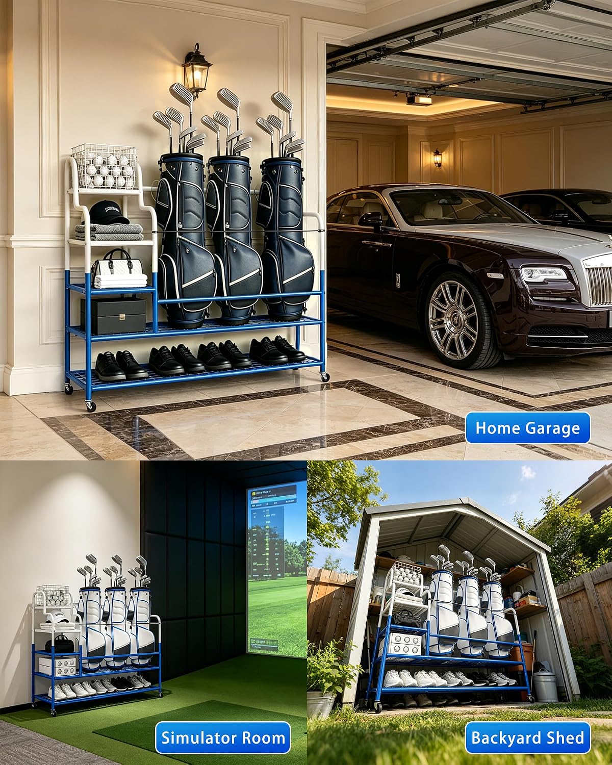 Golf Bag Storage Garage Organizer for 3 Bags, Golf Storage Rack with Wheels | 50% More Space Multi-Zone, All-In-One Compact 5-tier Upscale Sporty Heavy-Duty Rack, 4 360° Casters,Movable Basket,Golf Gifts 3 Golf Bag Rack丨50.4"(L)x15.8(W)"x44.6"(H)