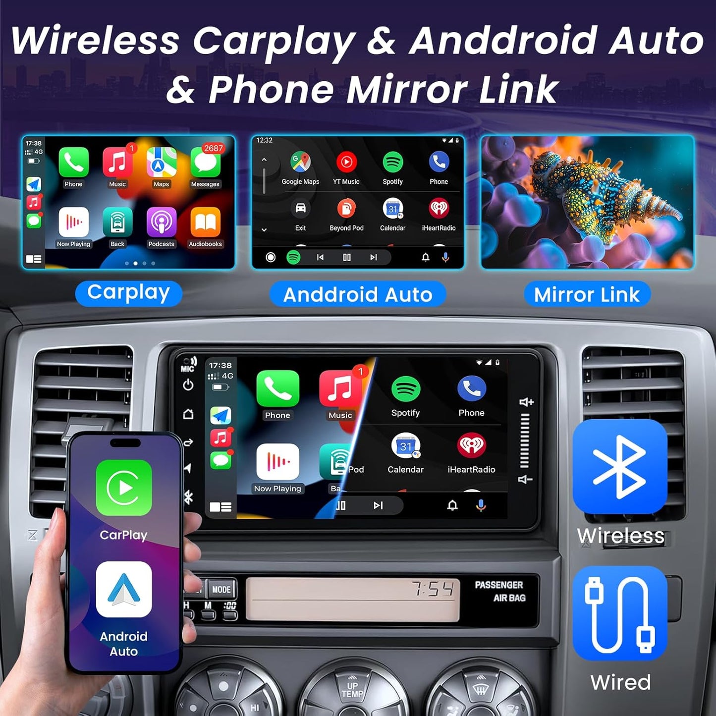 4Core 64ROM Car Radio for Toyota 4Runner 2003-2009,for Tundra 2003-2006,for Sequoia 2003-2007 Stereo Wireless CarPlay Android Auto 7in HD IPS Touchscreen GPS Bluetooth 5.0 Bakcup Camera 5G WiFi 4Core 2G RAM + 64G ROM 7 Inches