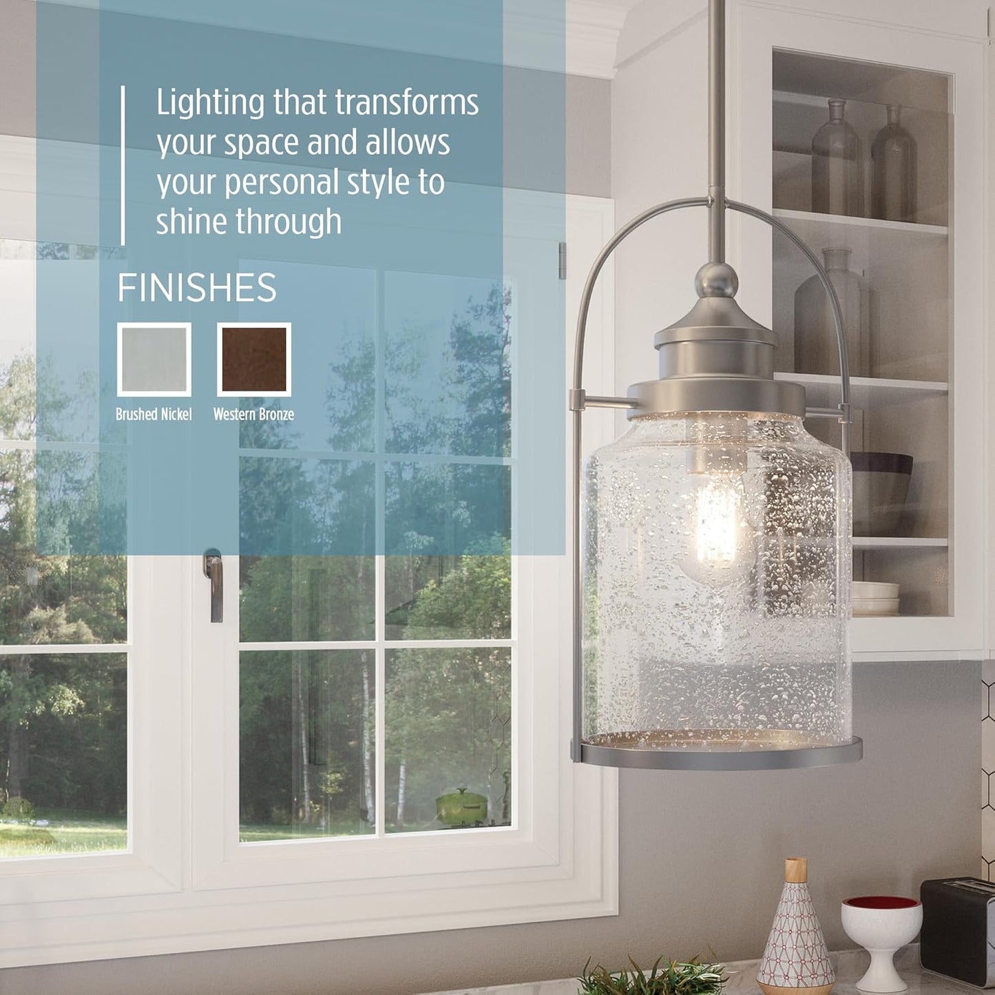 Quoizel Payson Mini Pendant Light, 7 Inch 1-Light Brushed Nickel, Clear Seeded Glass Pendant Light, Max Hanging Height 53", Ceiling Light for Kitchen Island, Dining, Hallway, Bar or Office