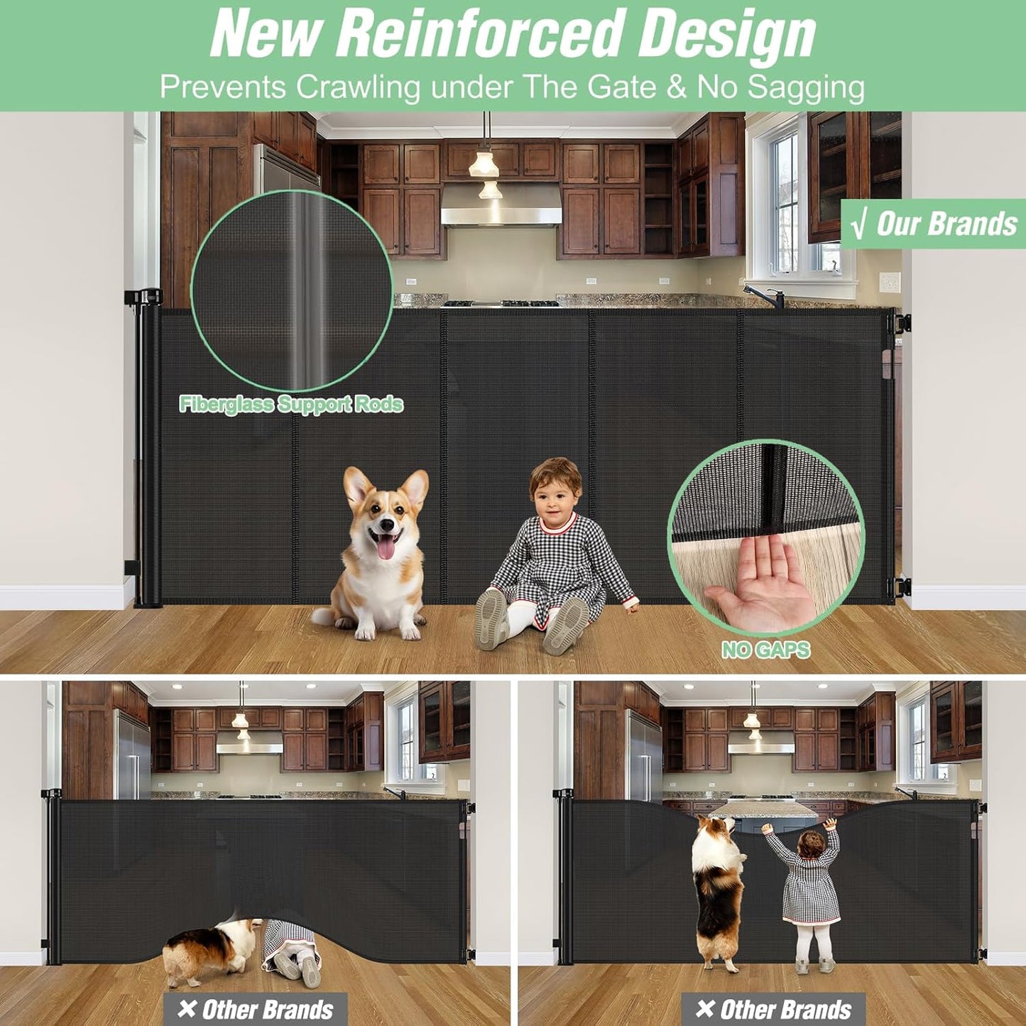 Reinforced 42 Inch Extra Tall Pet Gate with Support Rods, 96' Wide Retractable Baby Gate, Prevent Crawling Under Extra Tall R