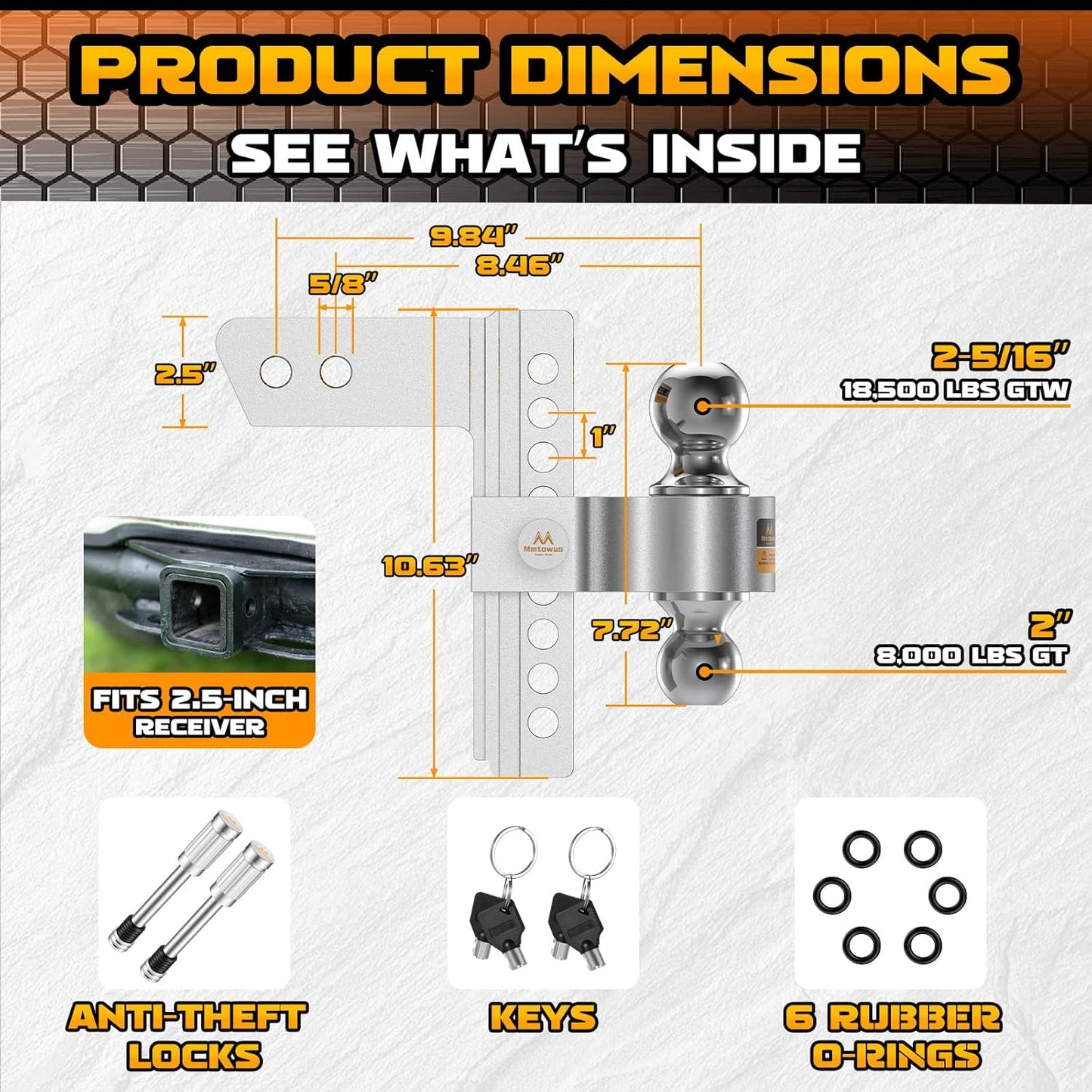 Adjustable Trailer Hitch -Drop Hitch 2.5 Inch Receiver, Aluminum Tow Hitch with 8" Drop/Rise, Dual Ball Mount (2" & 2-5/16") Ball Hitches for Truck, Weatherproof 2X Anti-Theft Hitch Pin Locks