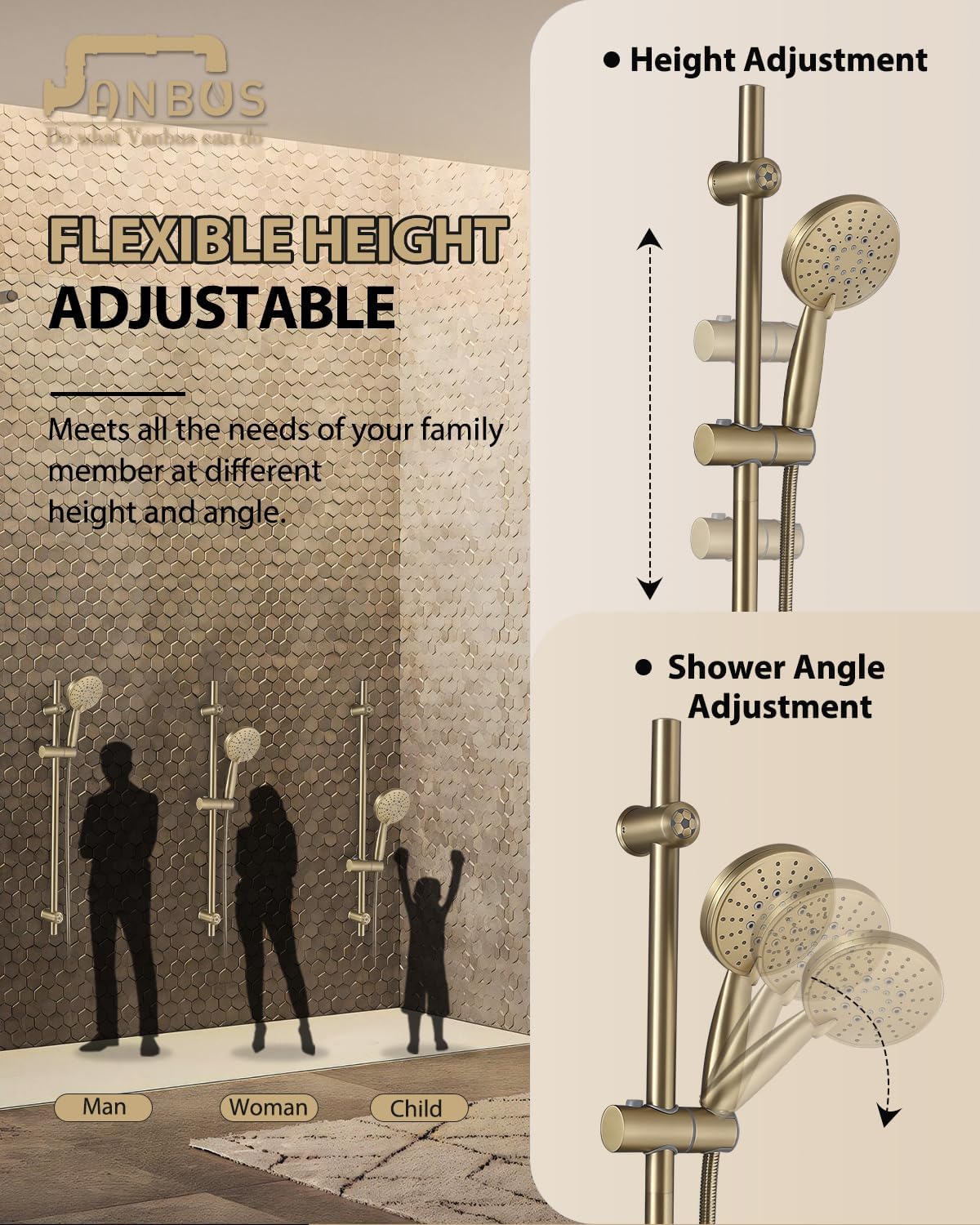 All Metal Shower Slide Bar System, 5-Function Handheld Shower Head with Slide bar, 304 Stainless Steel Hose with Brass