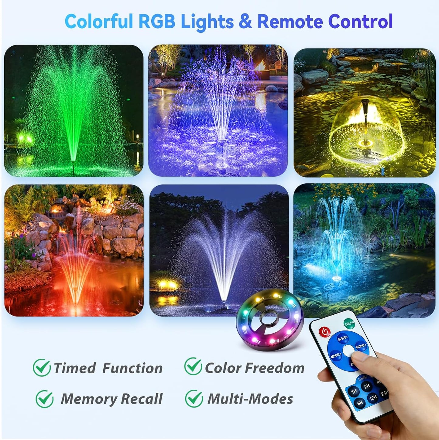 Antfraer Pond Filter with Fountain Kits, 660GPH Submersible Pond Pump with RGB LED Lights & Remote, All-in-One Pond Filter for Outdoor Ponds, Koi Pond, Water Gardens & Waterfall, Up to 1300 Gallons 660GPH with U-V & RGB Lights