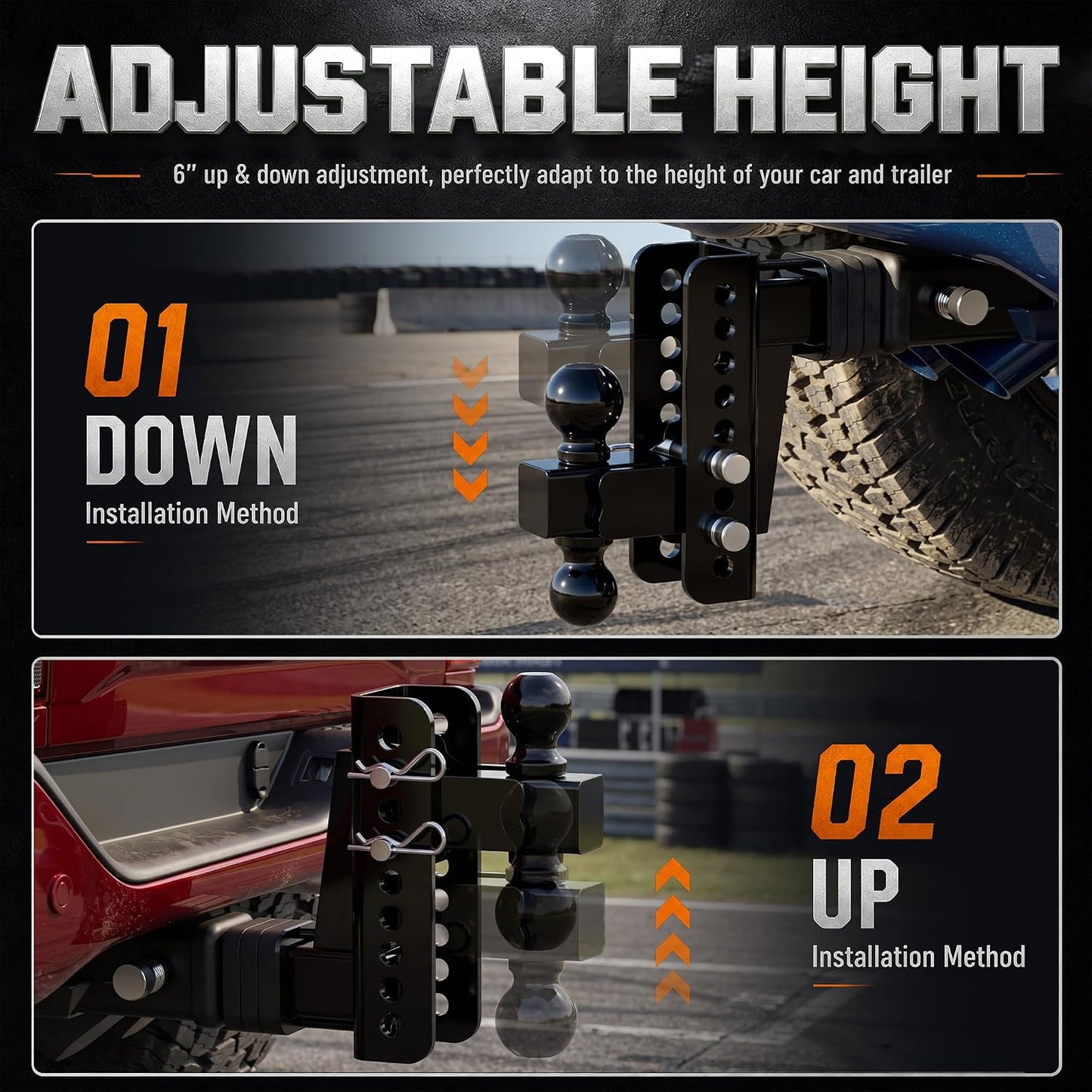 Adjustable Trailer Hitch, Fit 2.5 in Receiver, 22,000 LBS GTW, Heavy Duty Drop Hitch with 2" & 2-5/16" Ball Mounts for Trucks, 6 Inch Drop/Rise, Anti-Theft Pins