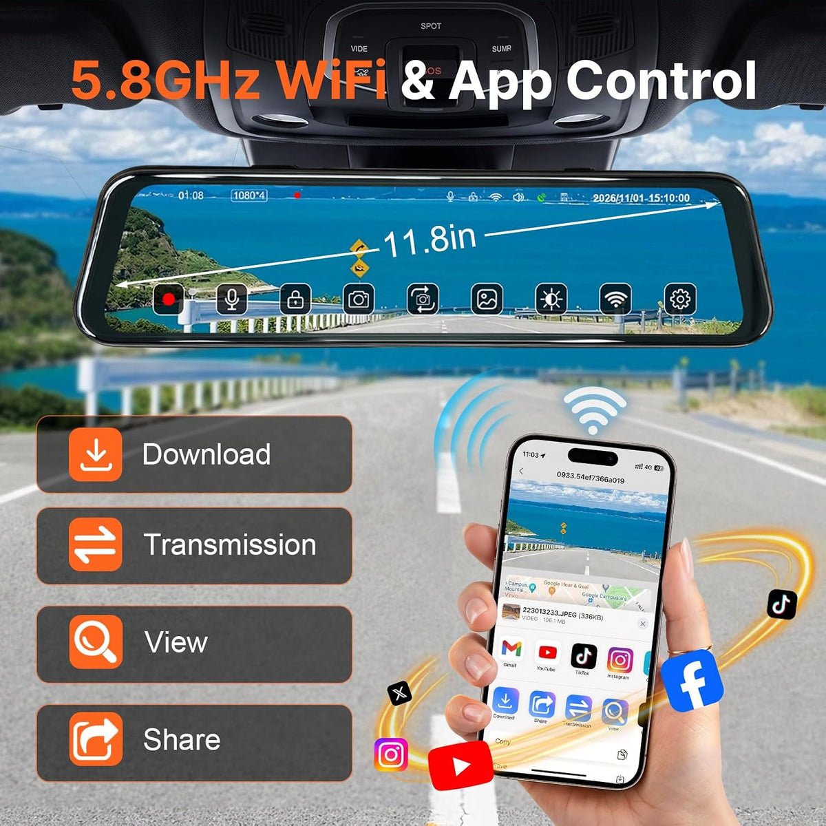 4CH 360 Mirror Dash Cam Front Rear WiFi GPS 128GB SD