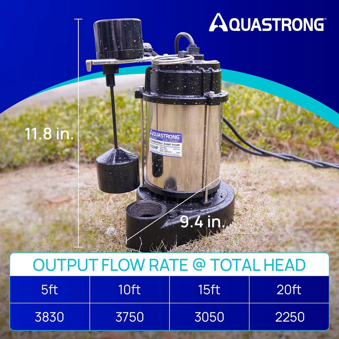 AQUASTRONG 1/2 HP Sump Pump Submersible, 3830 GPH Stainless Steel and Cast Iron Sump Pump, Automatic Integrated