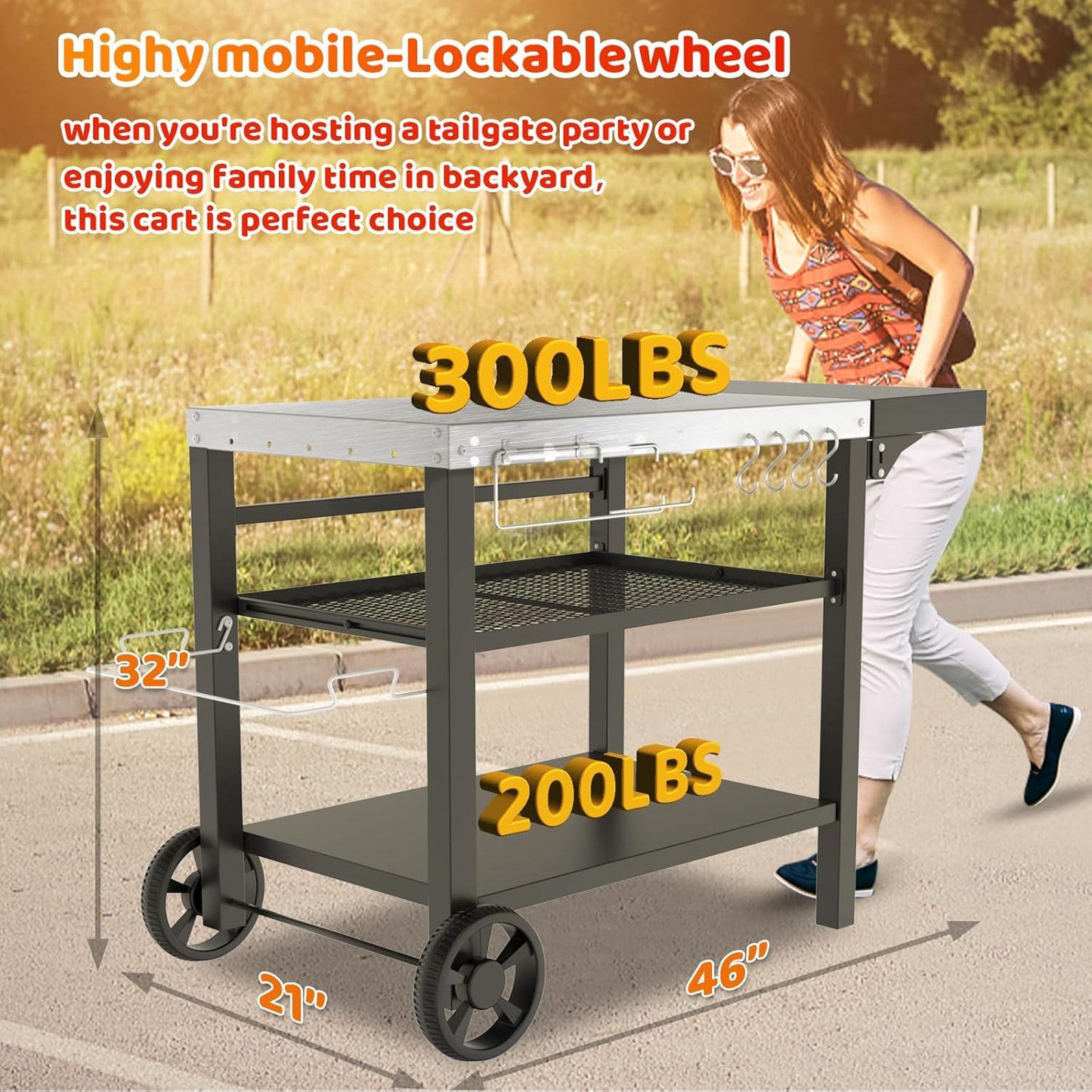 Three-Shelf Movable Cart with Food Prep Worktable, Drawer & Side Table