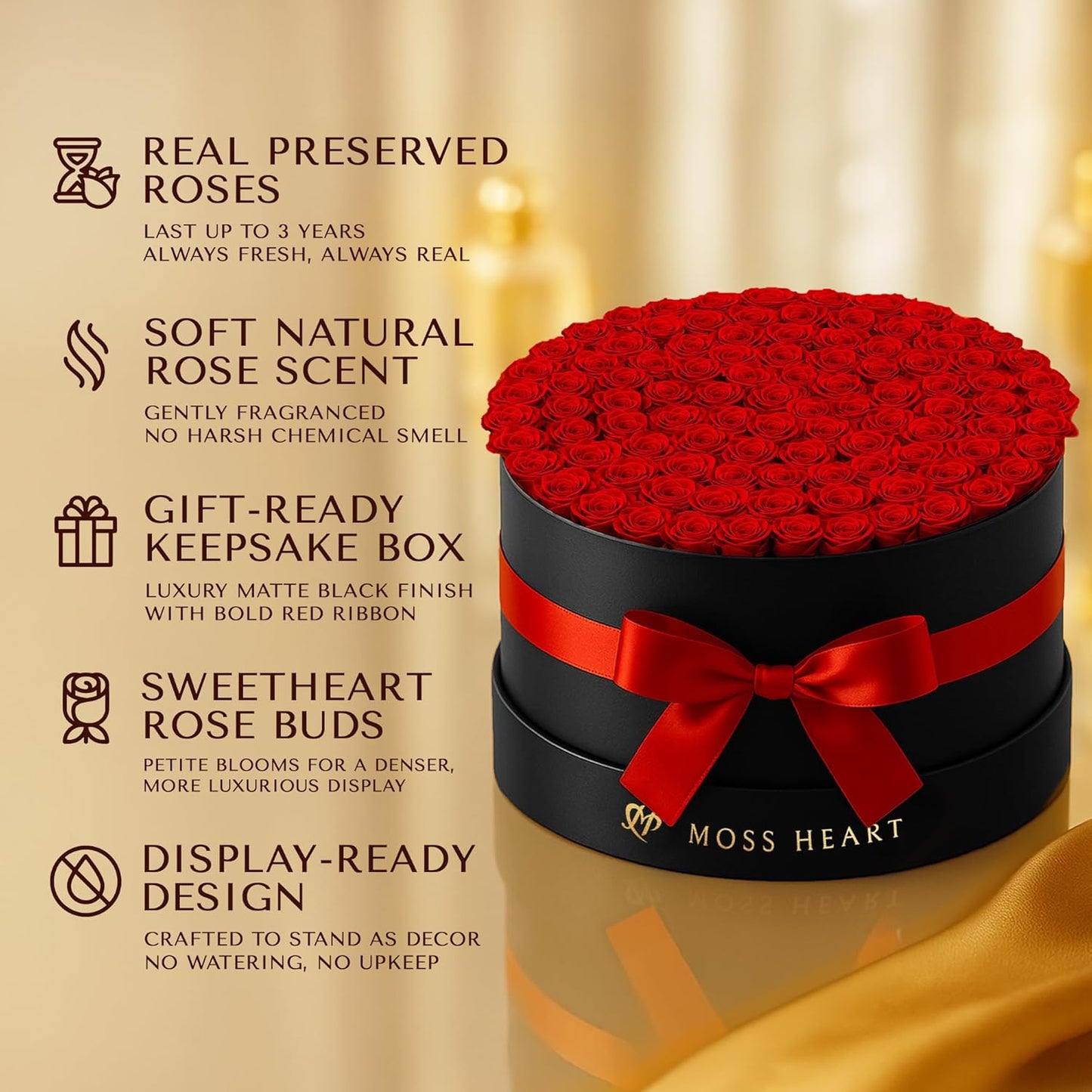 100 Preserved Roses in Designer Round Box, Real Forever Roses, Long-Lasting 1+ Year, No Watering, Luxury Home Décor Arrangement, Valentine’s Day Gift for Wife or Girlfriend Red 100 Roses
