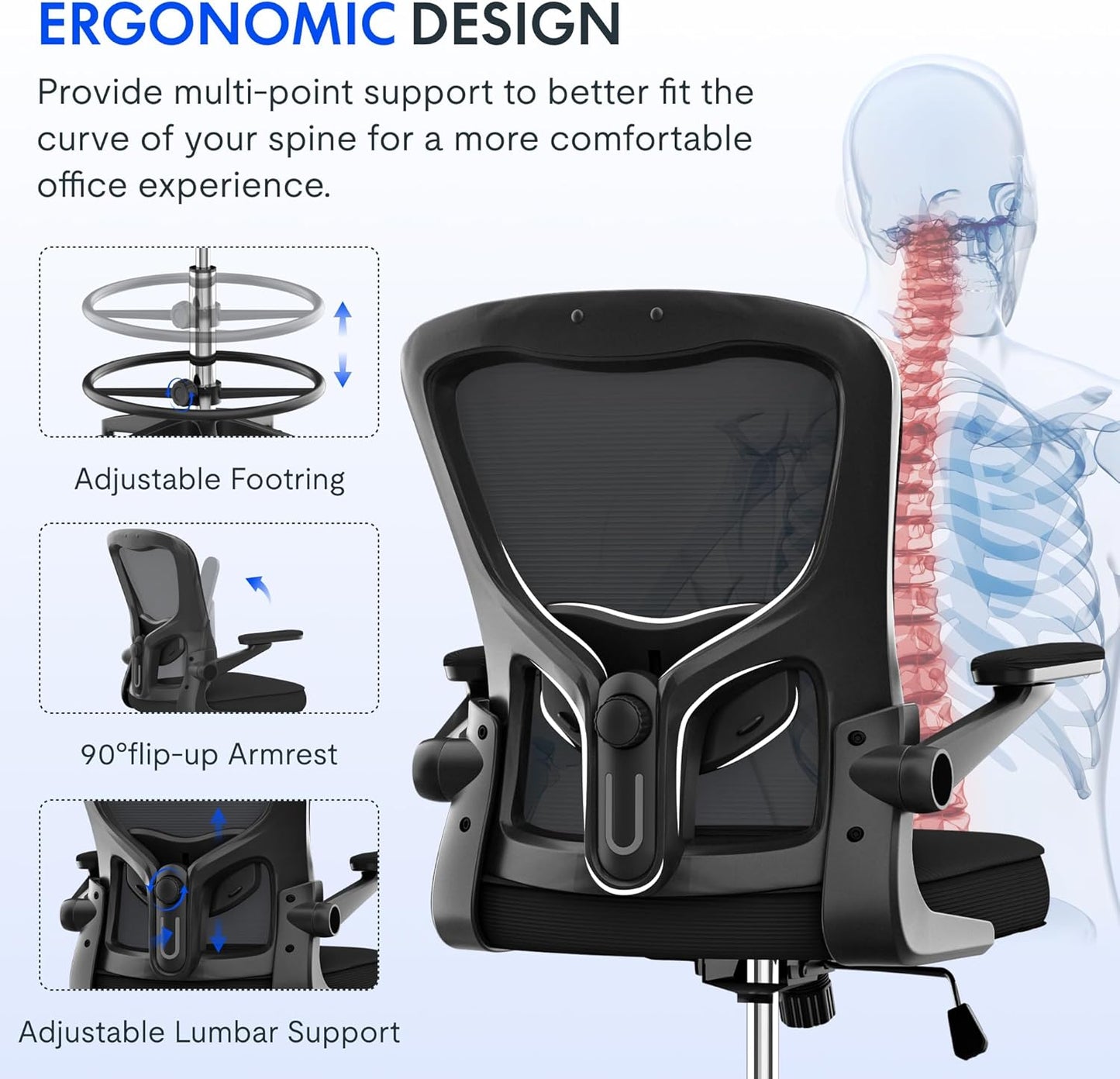 Big and Tall Mesh Office Drafting Chair,Comfortable Computer Chairs with Adjustable Lumbar Support and 3D Flip-Up Armrests,Standing Desk Chairs for