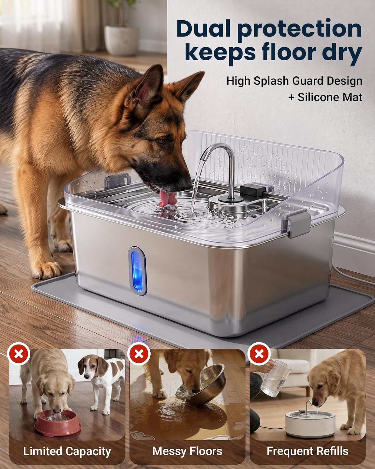 4.76 Gal Dog Water Fountain for Large Dogs, Stainless Steel Pet Water Dispenser with Splash Guard, Large Capacity Dog Bowl with Visible Window, Quiet Pump, 3 Filters and Silicone Mat, Metallic Silver