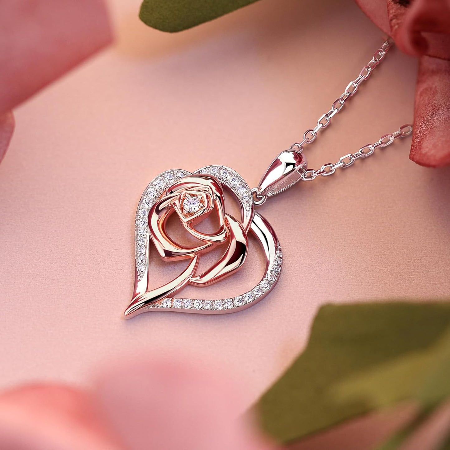 Rose Heart Silver Necklace for women.Lead and Nickel FREE Sterling Silver Womens Jewelry Necklaces For Teen Girls, Mothers Day Necklace, Friendship