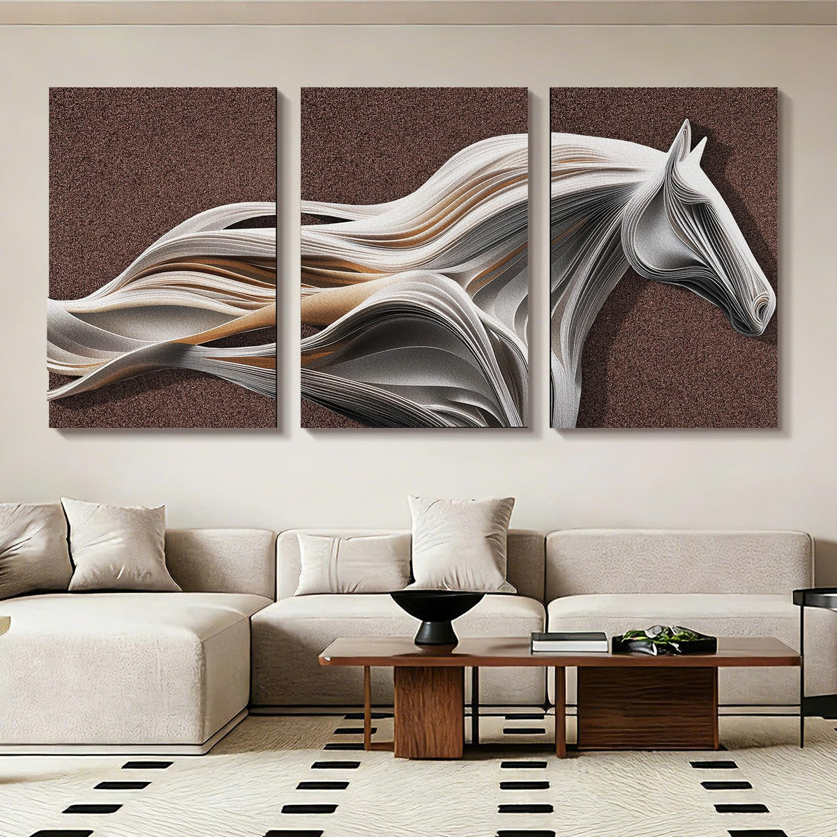 3 Piece 3D Animal Textured Wall Art Brown Sandstone Living Room Decor Horse 01 Unframed 20''W x 30''H x 3